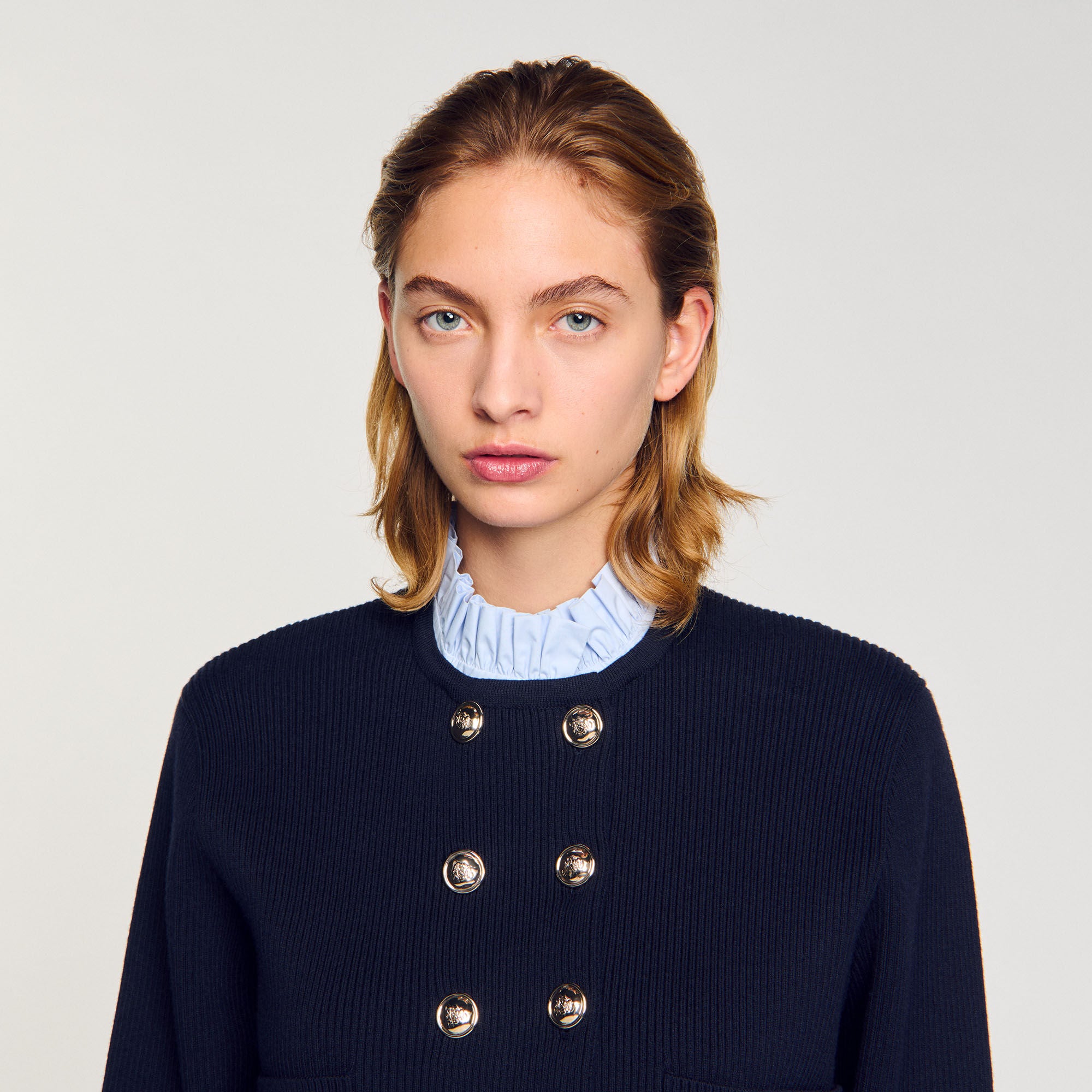 Cardigan with removable ruffled collar Navy Blue Sandro Women