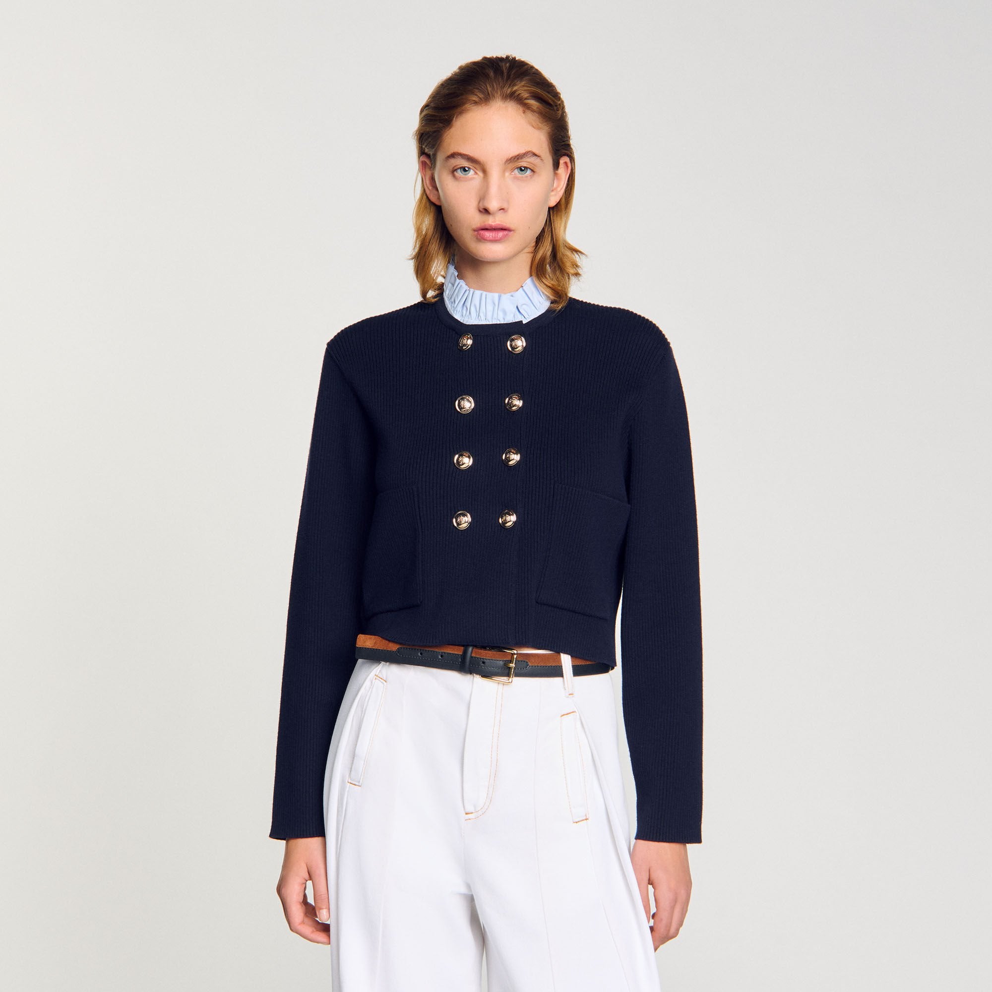 Cardigan with removable ruffled collar Navy Blue Sandro Women