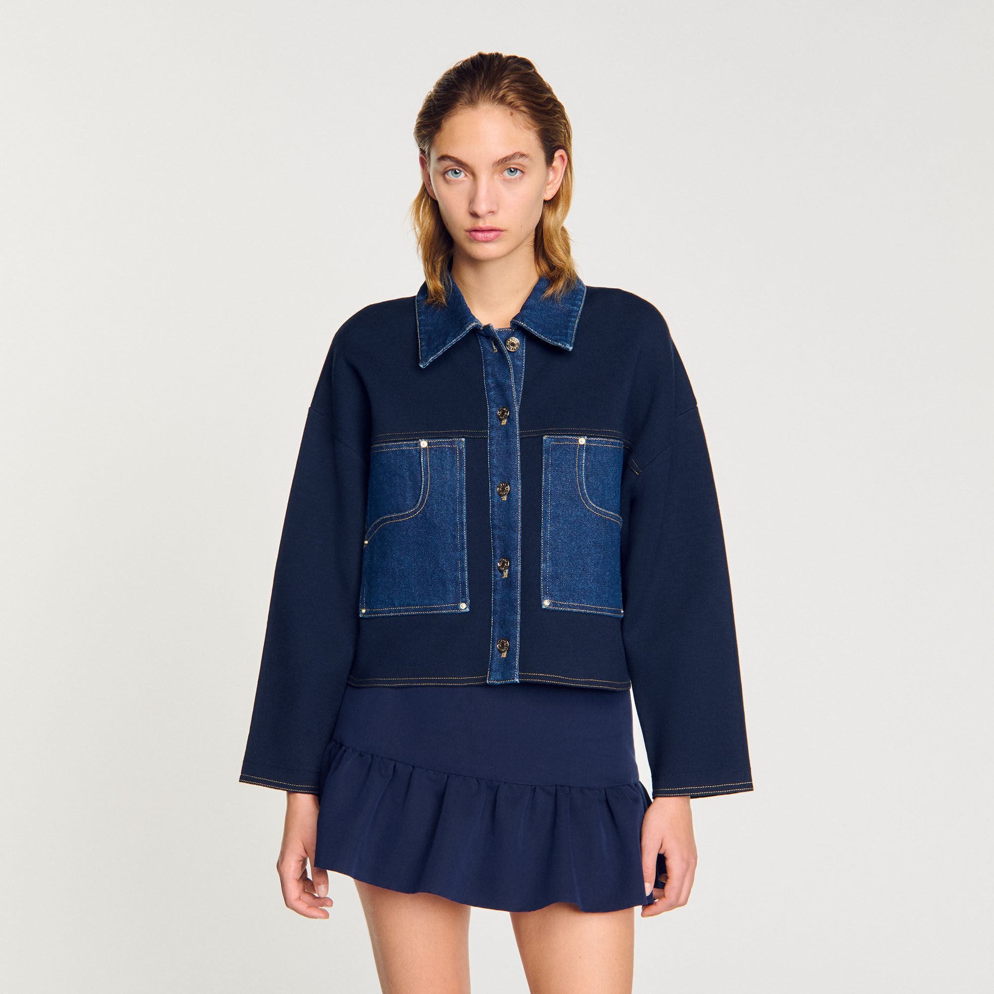 Denim detail cardigan Navy Blue Sandro Women