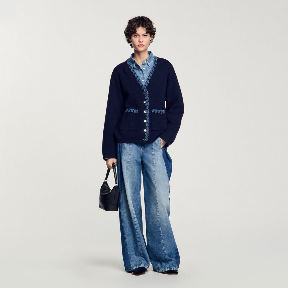 Cardigan with denim details Navy Blue Sandro Women