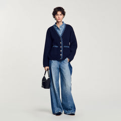 Cardigan with denim details Navy Blue Sandro Women