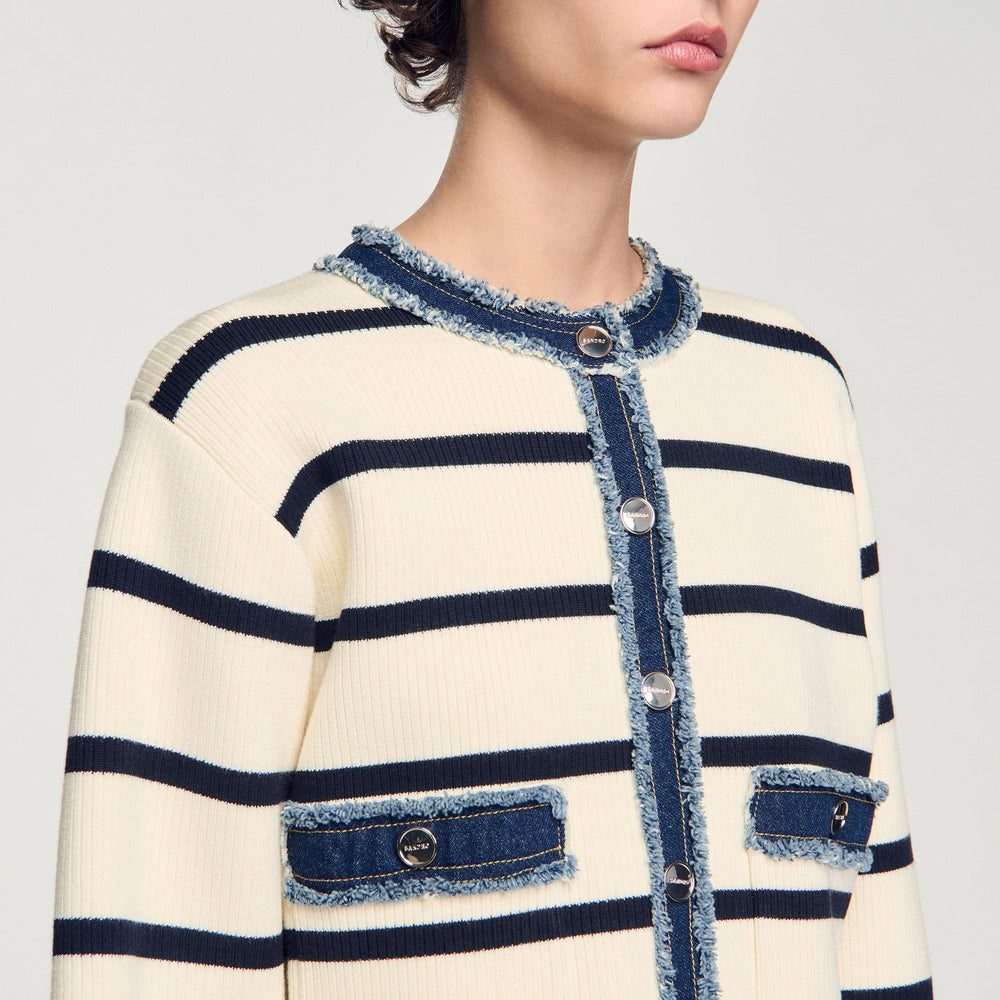 Striped cardigan with denim details Ecru Sandro Women