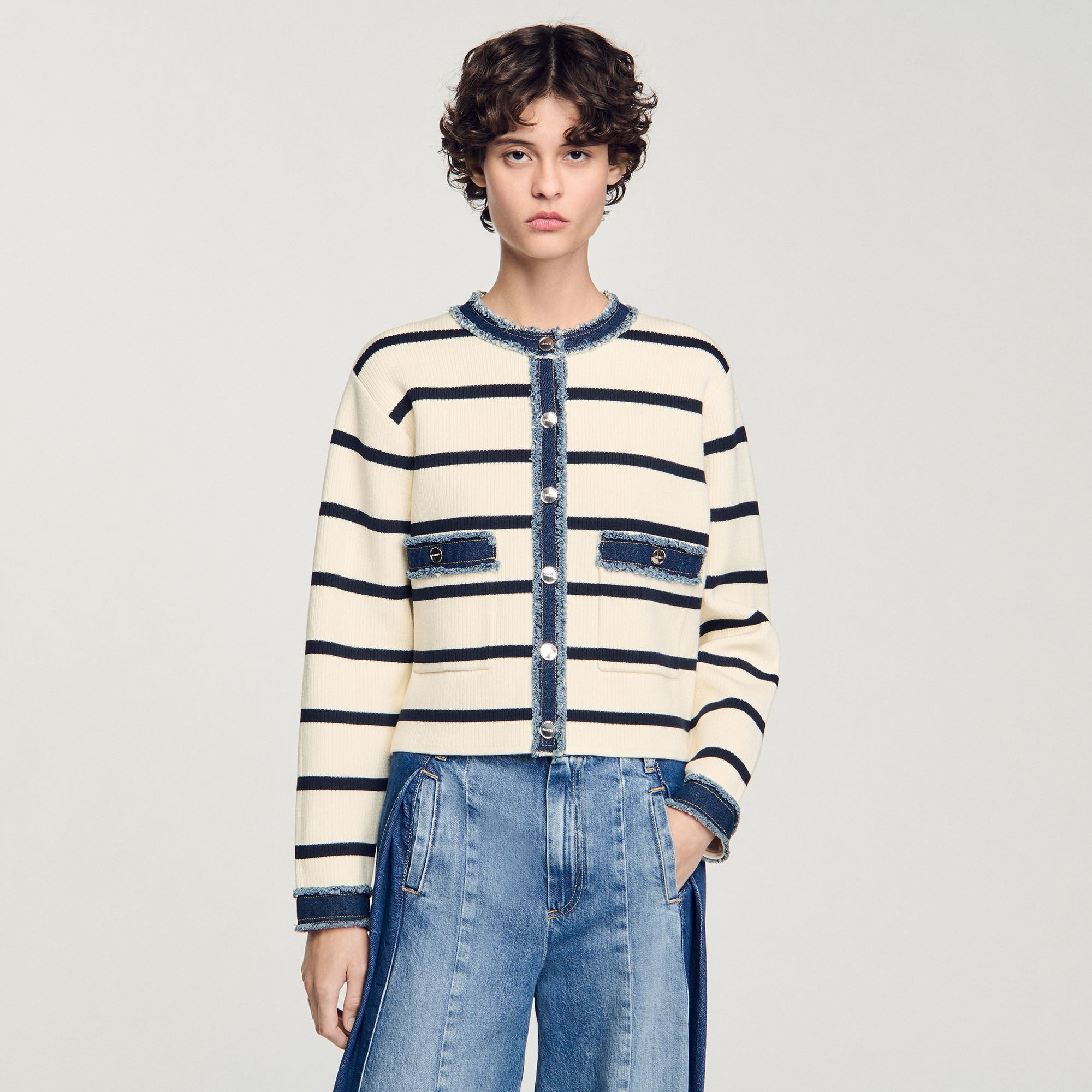Striped cardigan with denim details Ecru Sandro Women