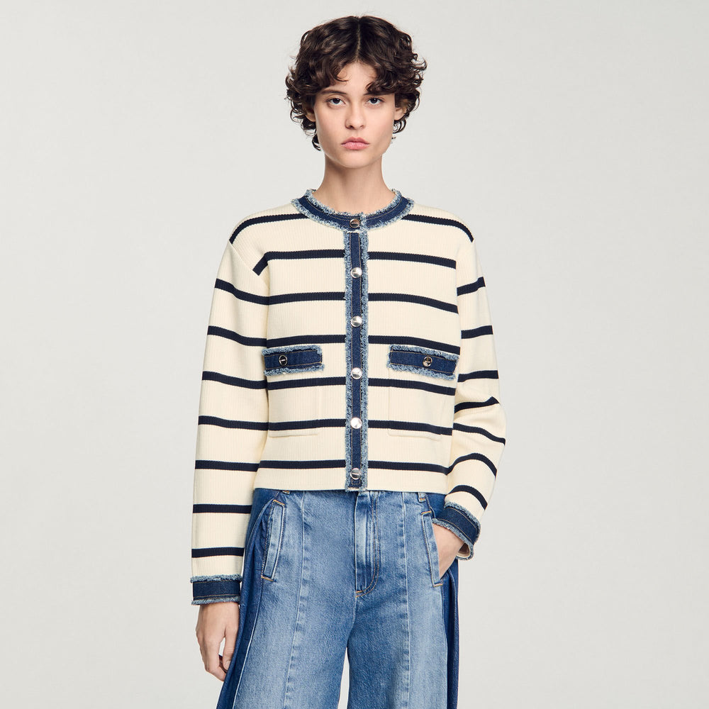 Striped cardigan with denim details Ecru Sandro Women