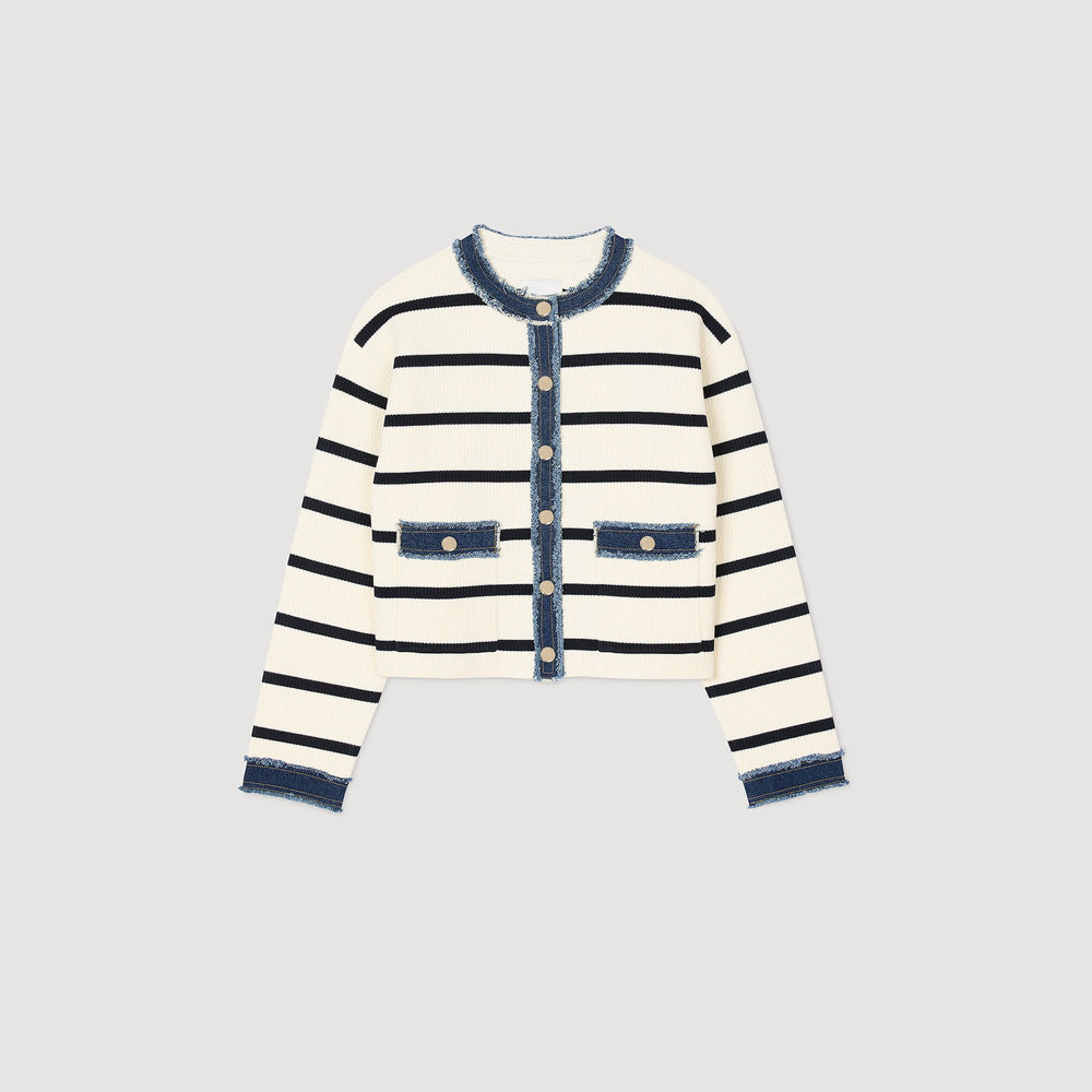 Striped cardigan with denim details Ecru Sandro Women