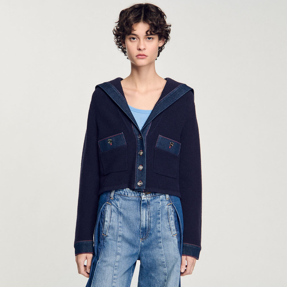 Cardigan with denim details Navy Blue Sandro Women