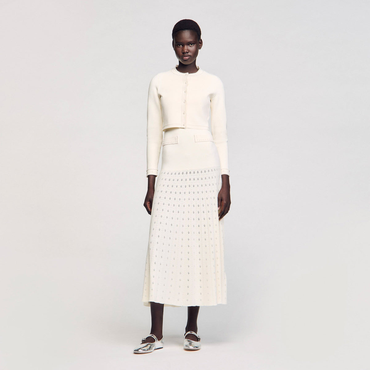 Cropped cardigan with pearl buttons Ecru Sandro Women