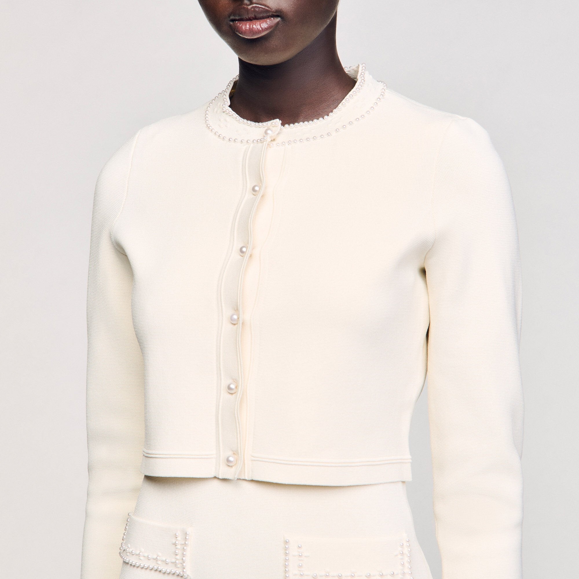 Cropped cardigan with pearl buttons Ecru Sandro Women