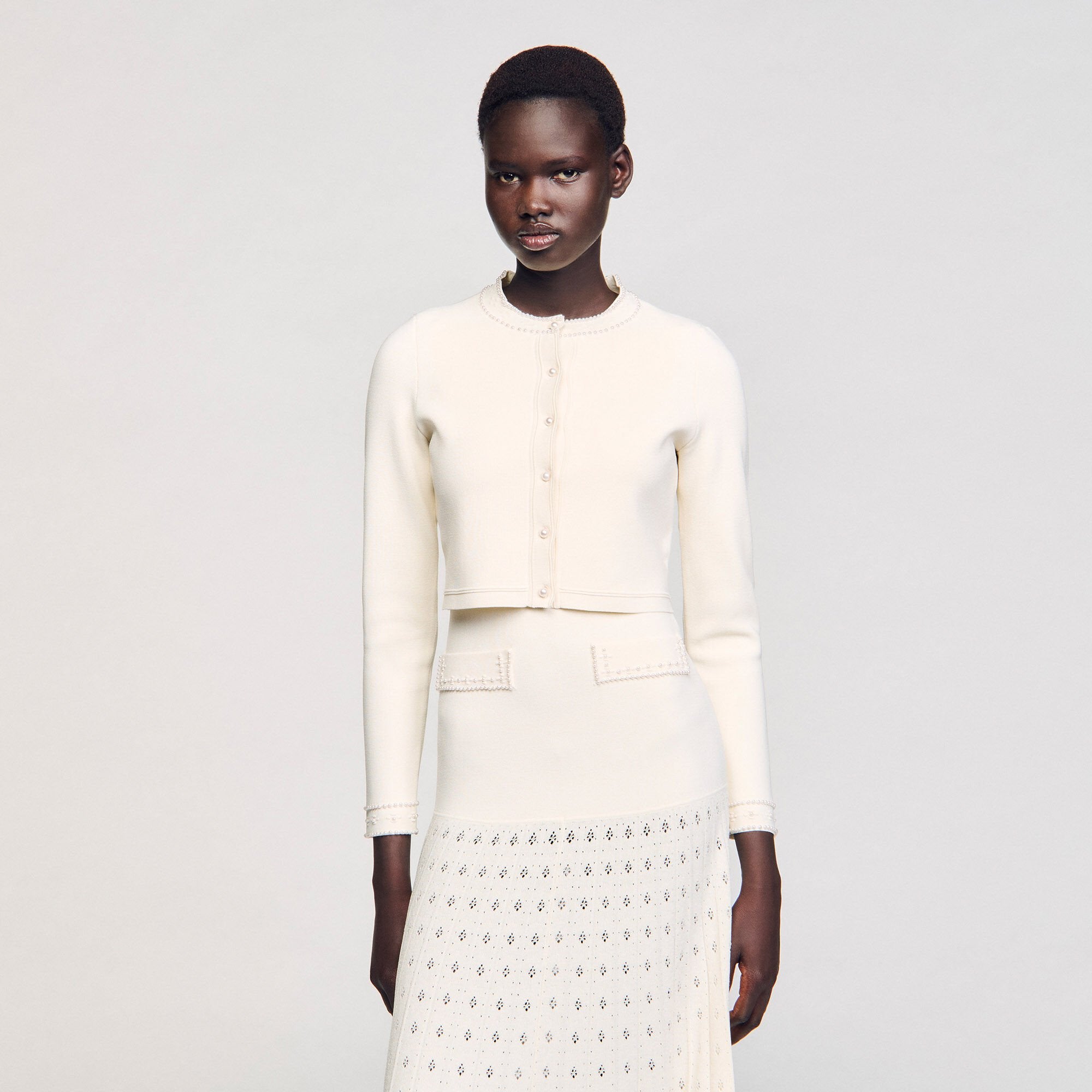 Cropped cardigan with pearl buttons Ecru Sandro Women