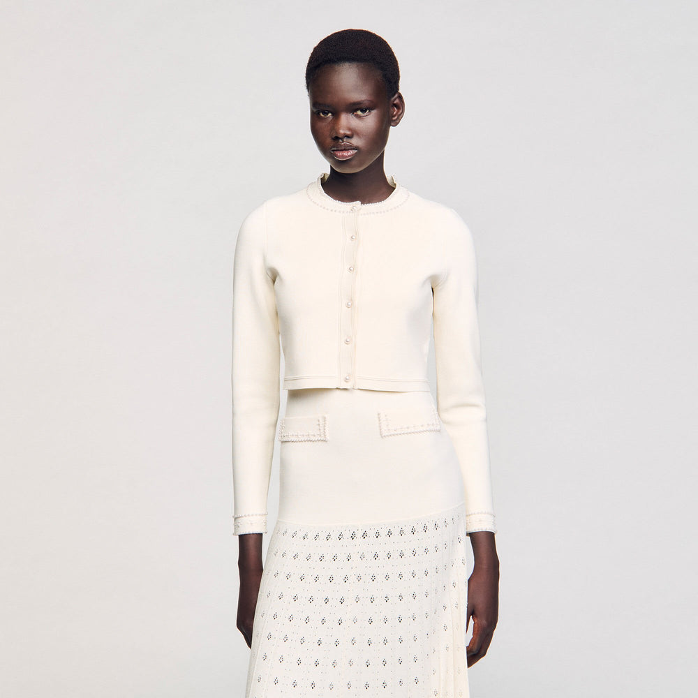 Cropped cardigan with pearl buttons Ecru Sandro Women