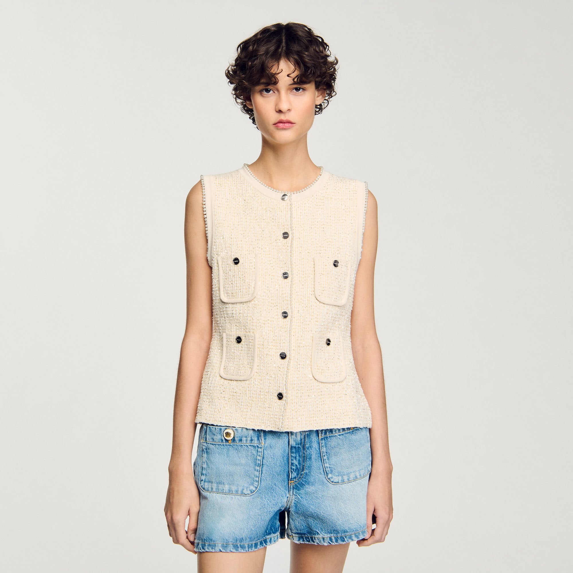 Decorative tweed vest Ecru Sandro Women