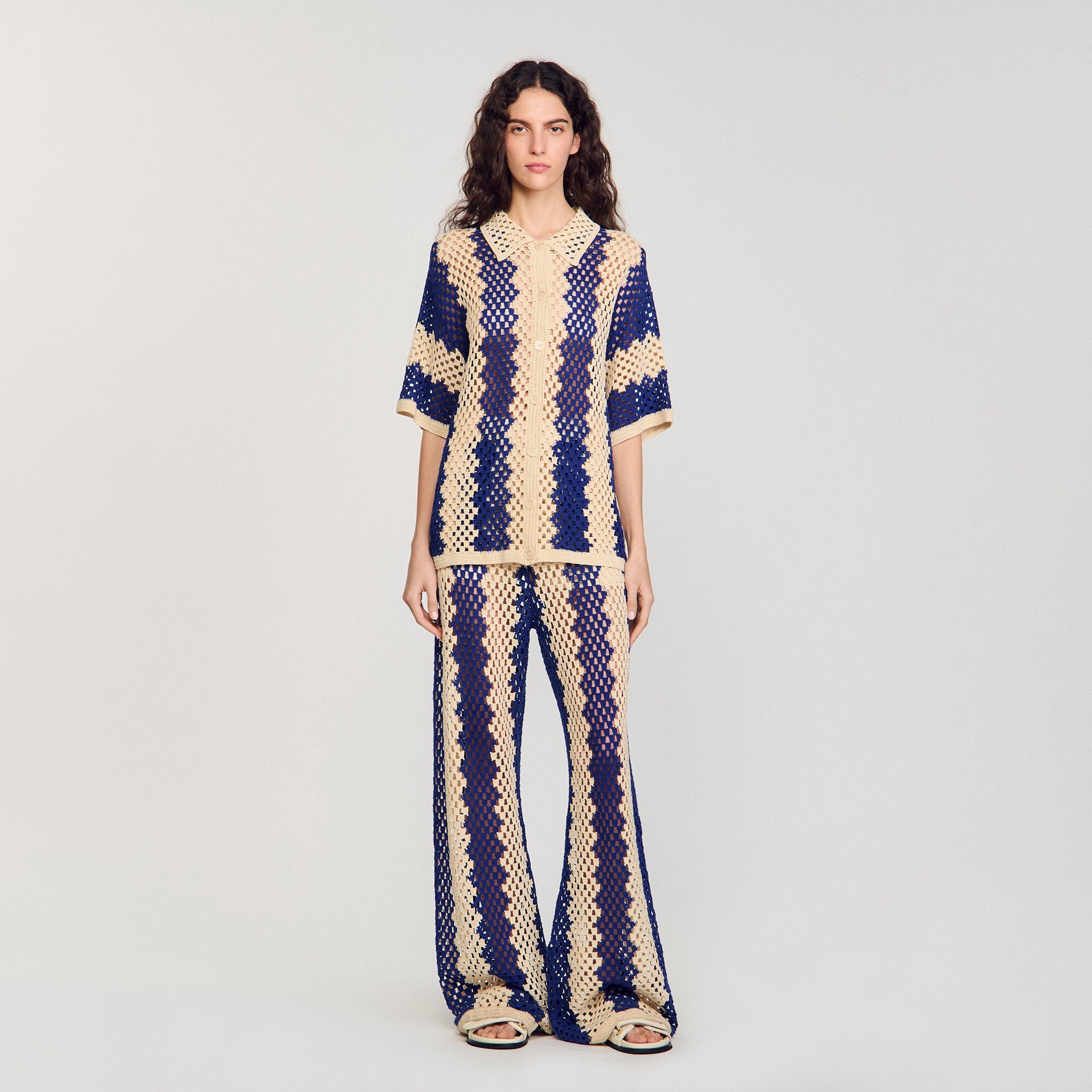 Two-tone knit cardigan Blue / Ecru Sandro Women