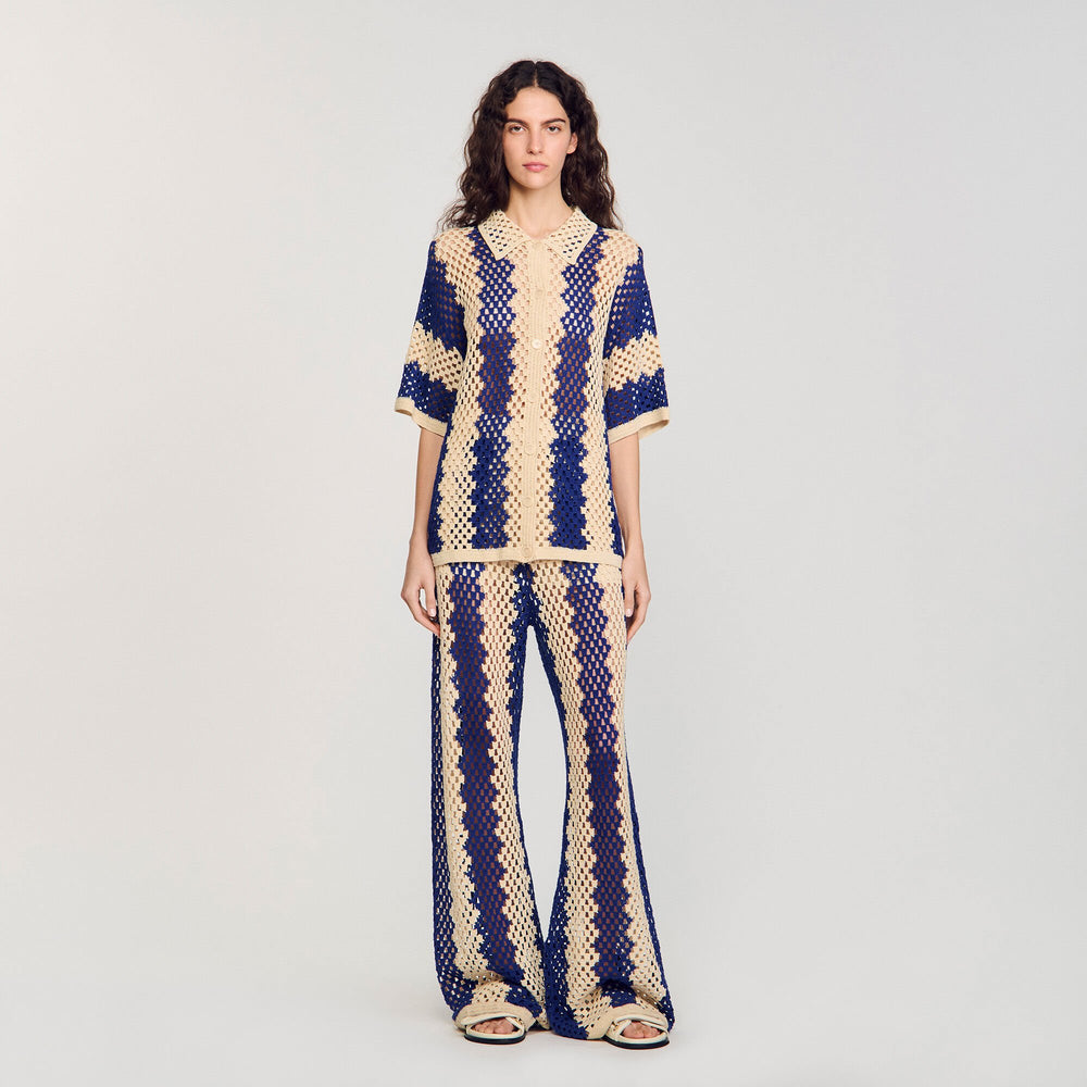 Two-tone knit cardigan Blue / Ecru Sandro Women