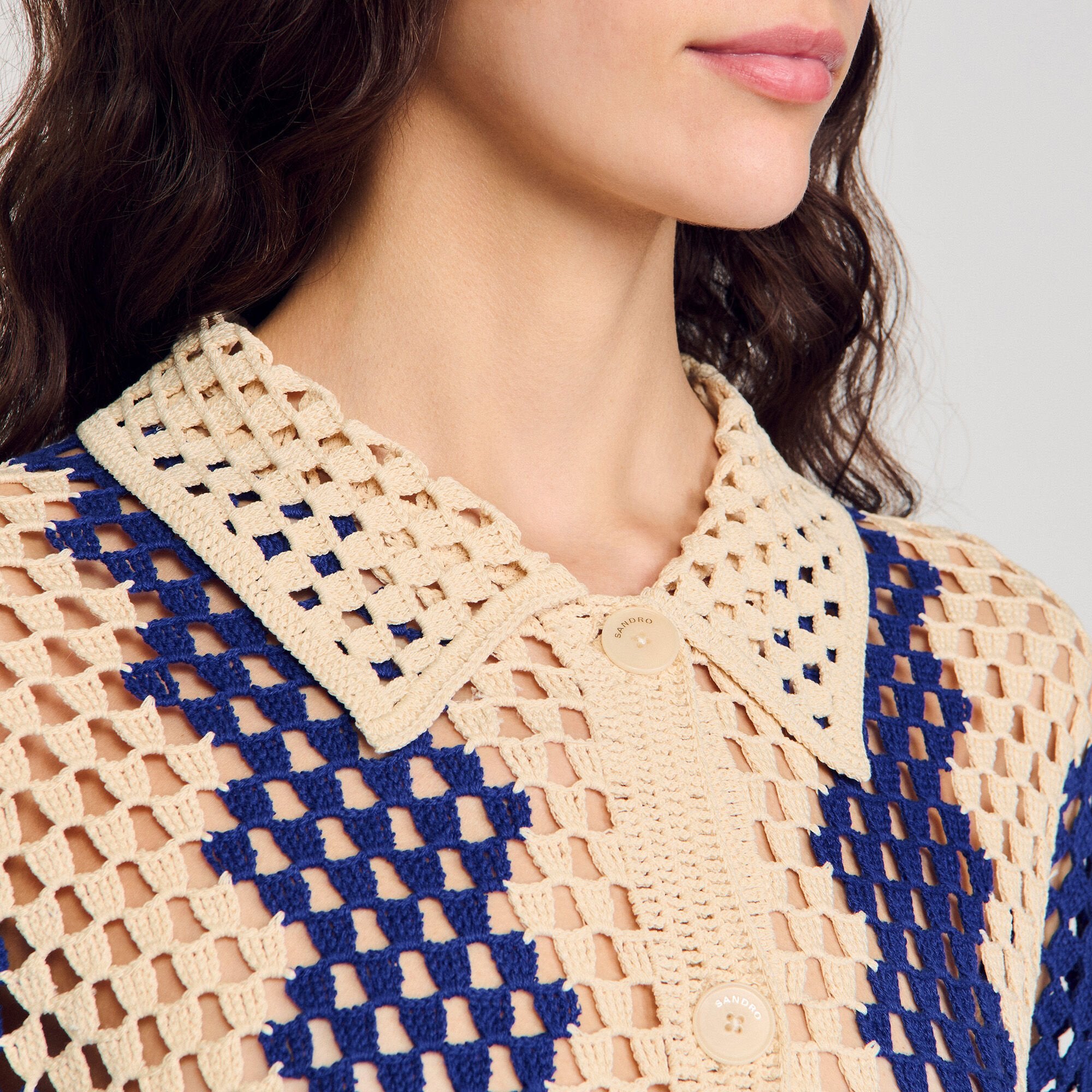 Two-tone knit cardigan Blue / Ecru Sandro Women