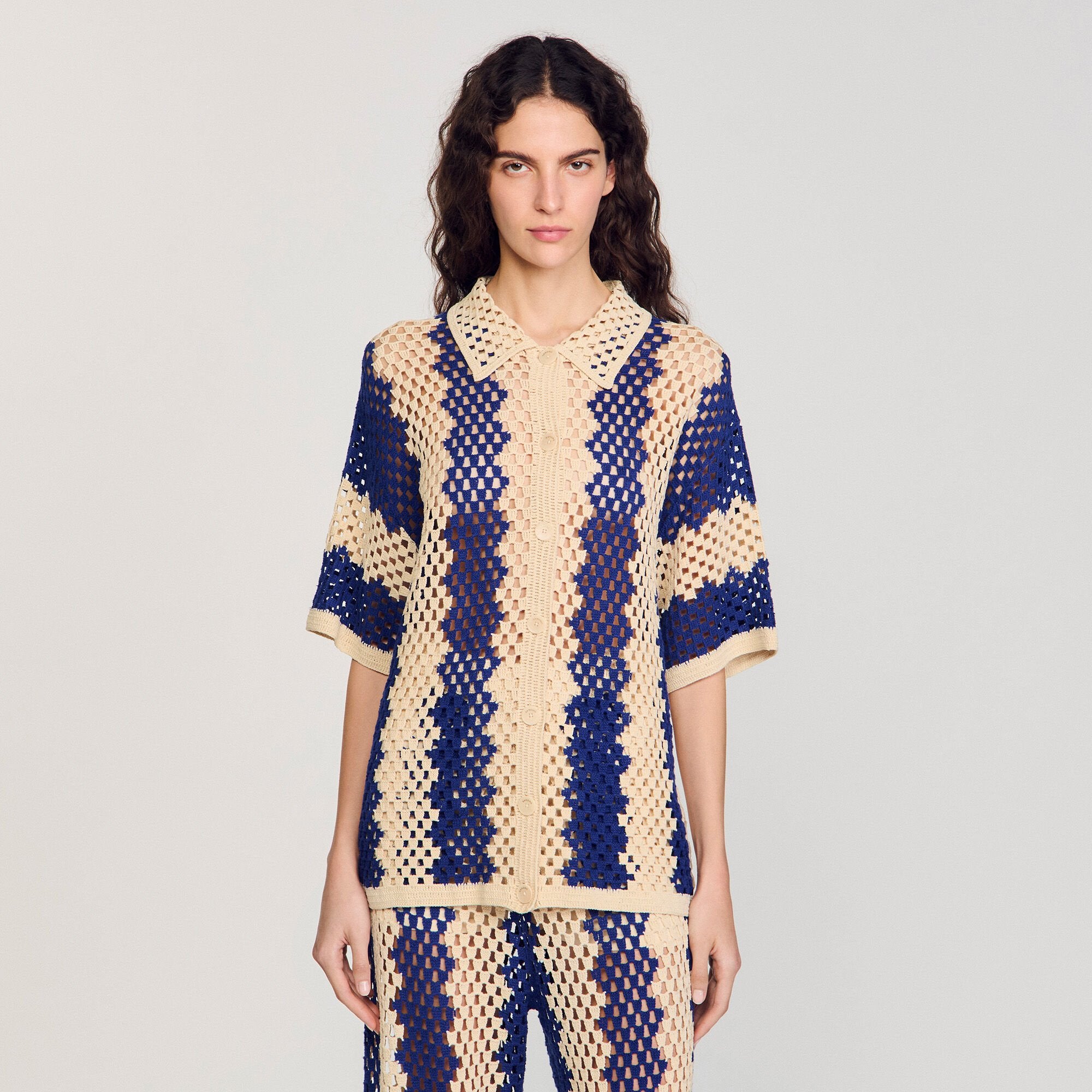 Two-tone knit cardigan Blue / Ecru Sandro Women