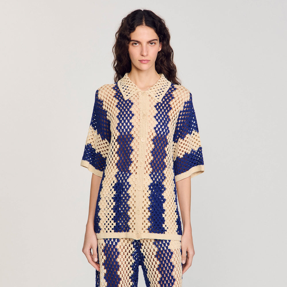 Two-tone knit cardigan Blue / Ecru Sandro Women