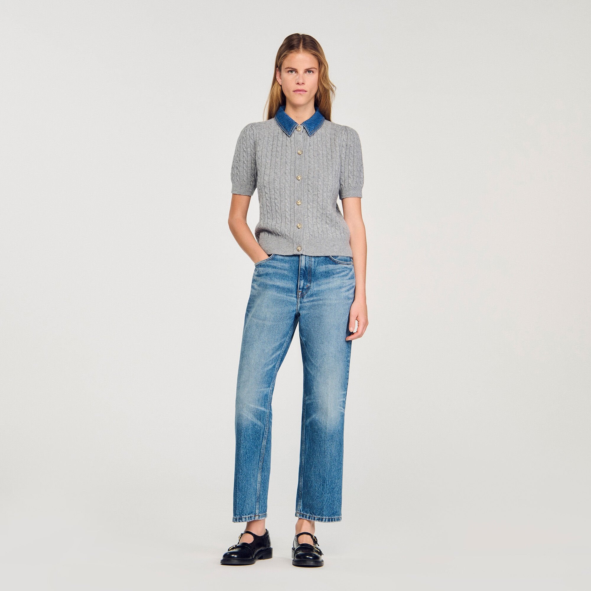 Cardigan with denim collar Grey Sandro Women