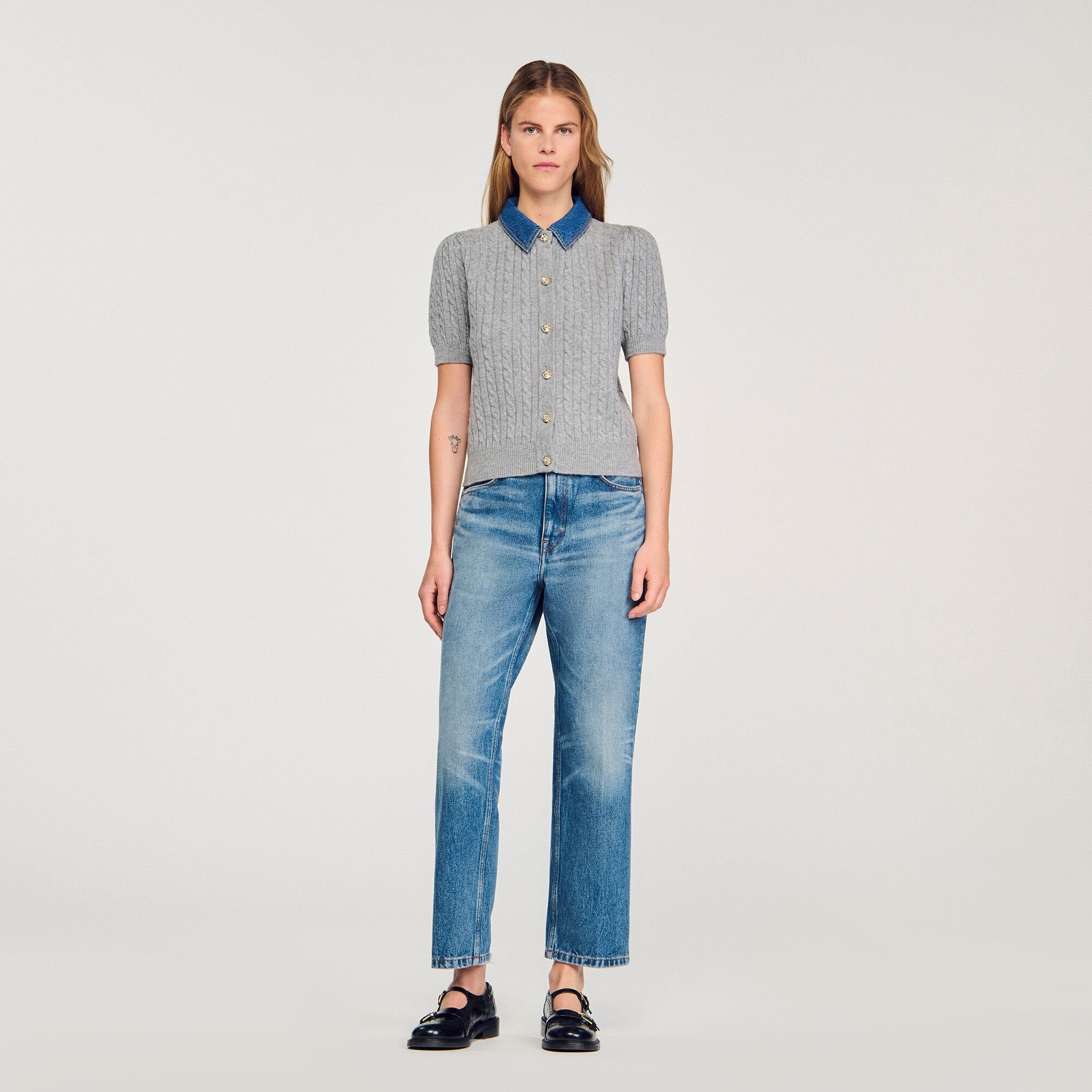 Cardigan with denim collar Grey Sandro Women