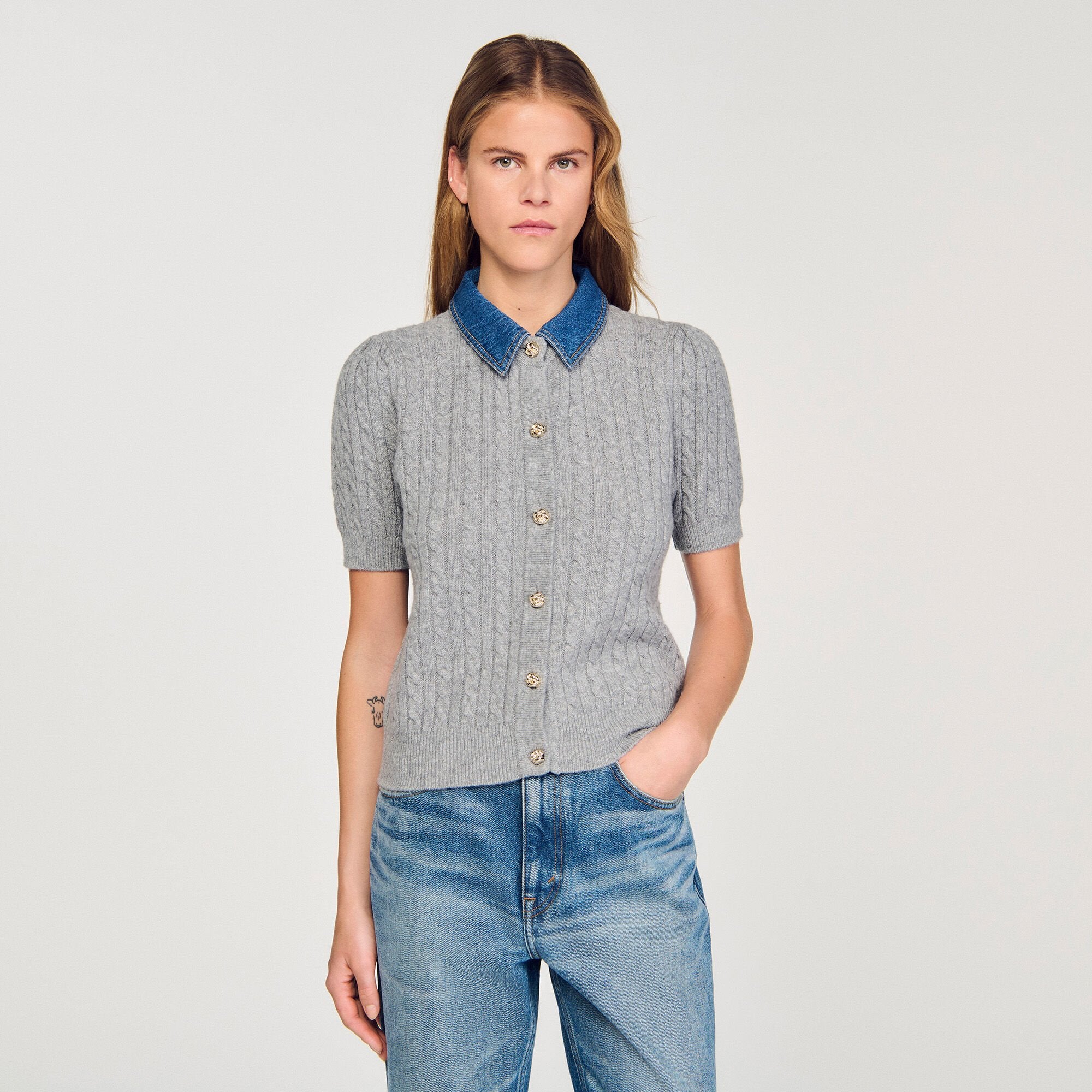 Cardigan with denim collar Grey Sandro Women