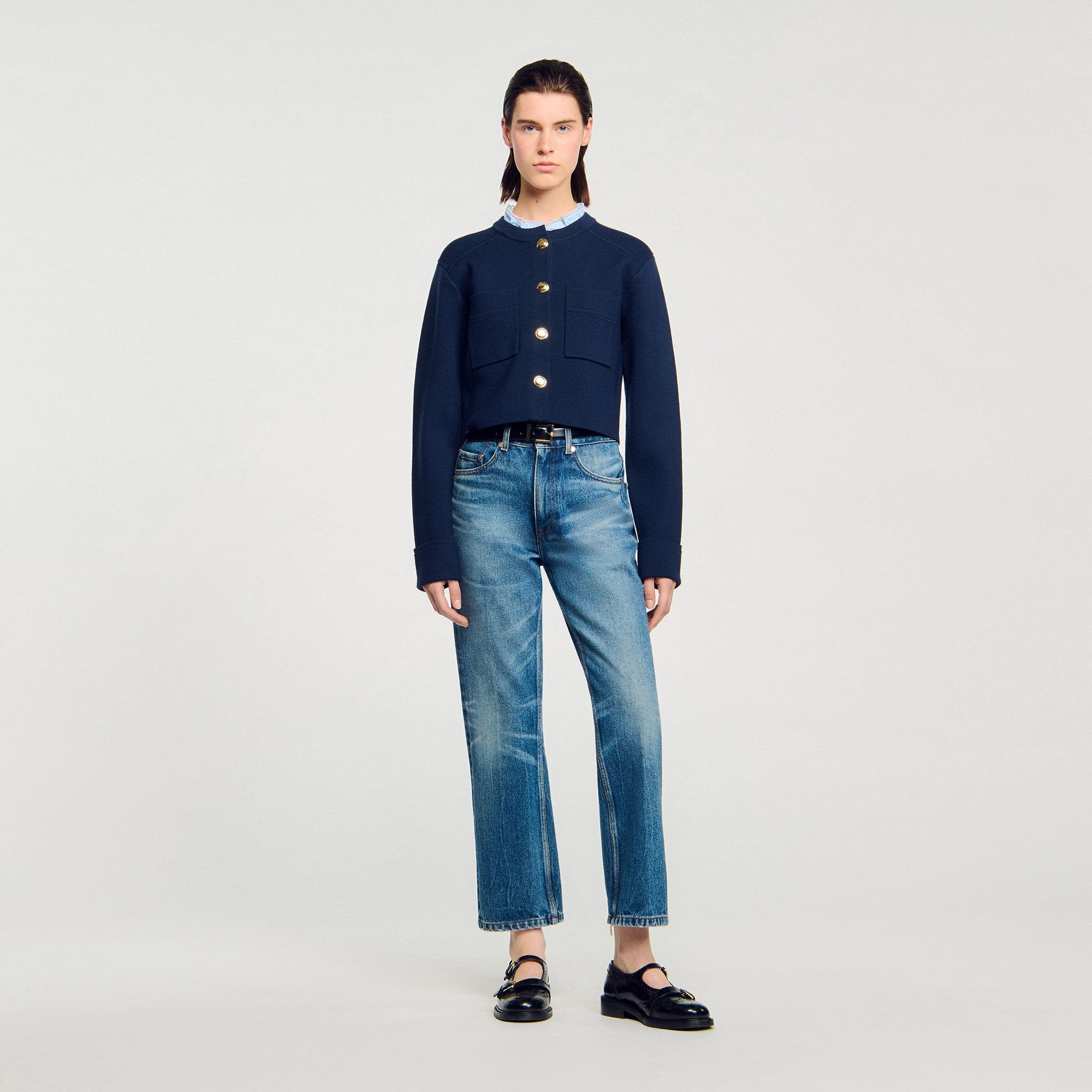 Cardigan with ruffle collar Navy Blue Sandro Women