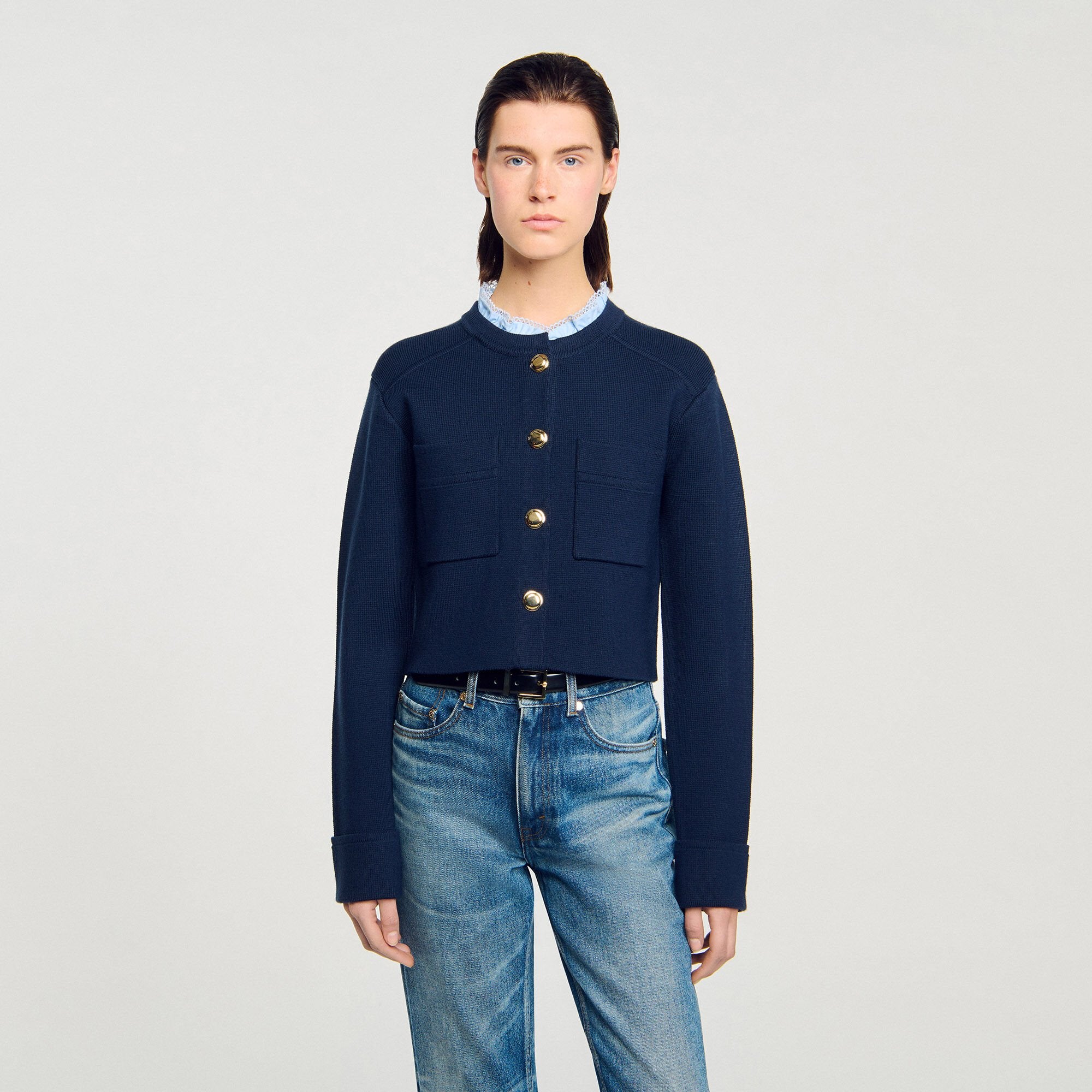 Cardigan with ruffle collar Navy Blue Sandro Women