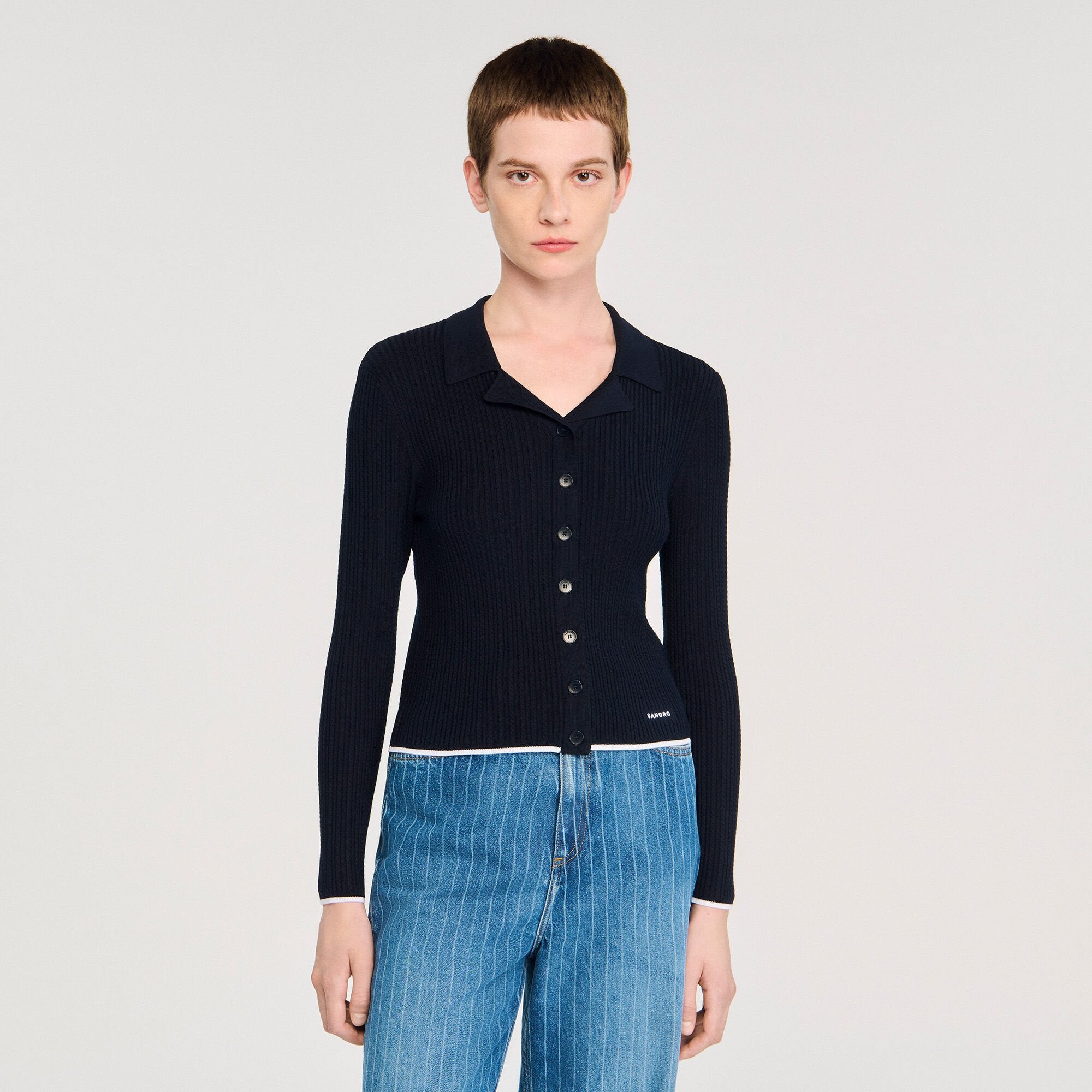 Cropped polo collar cardigan Navy Blue Sandro Women