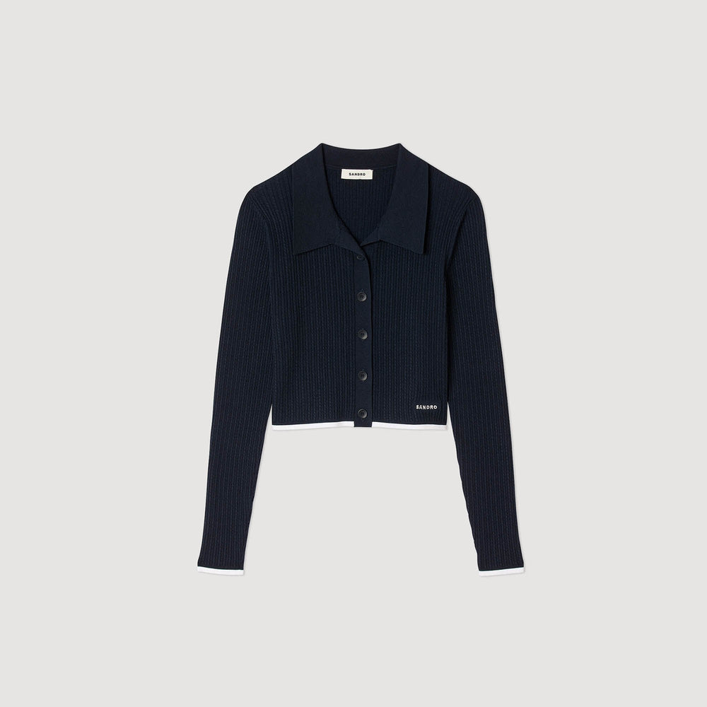 Cropped polo collar cardigan Navy Blue Sandro Women