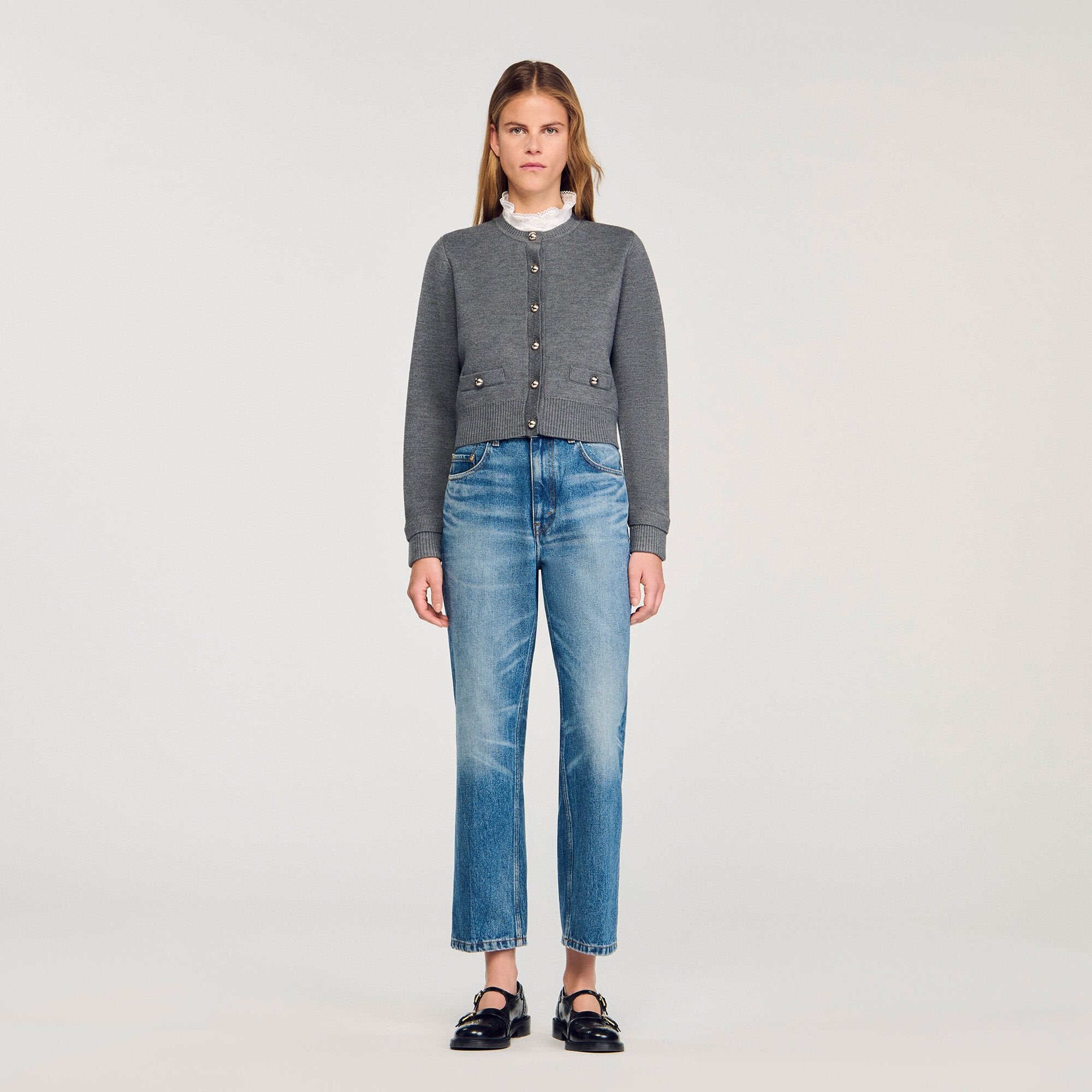 Cardigan with detachable ruffle collar Grey Sandro Women