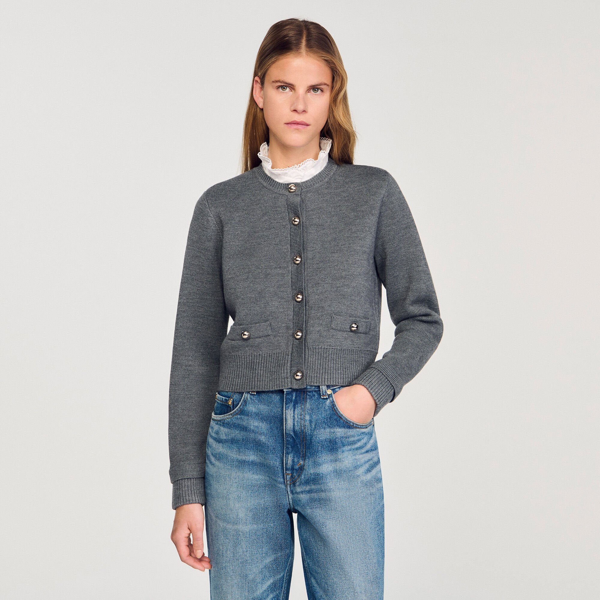 Cardigan with detachable ruffle collar Grey Sandro Women