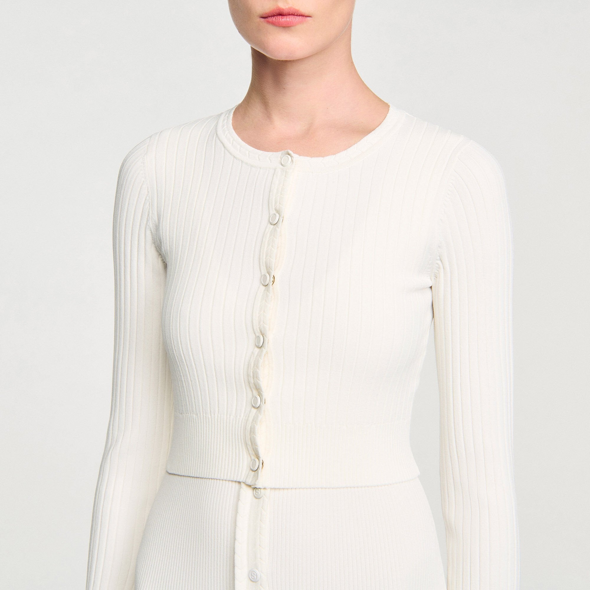 Cropped rib knit cardigan Ecru Sandro Women