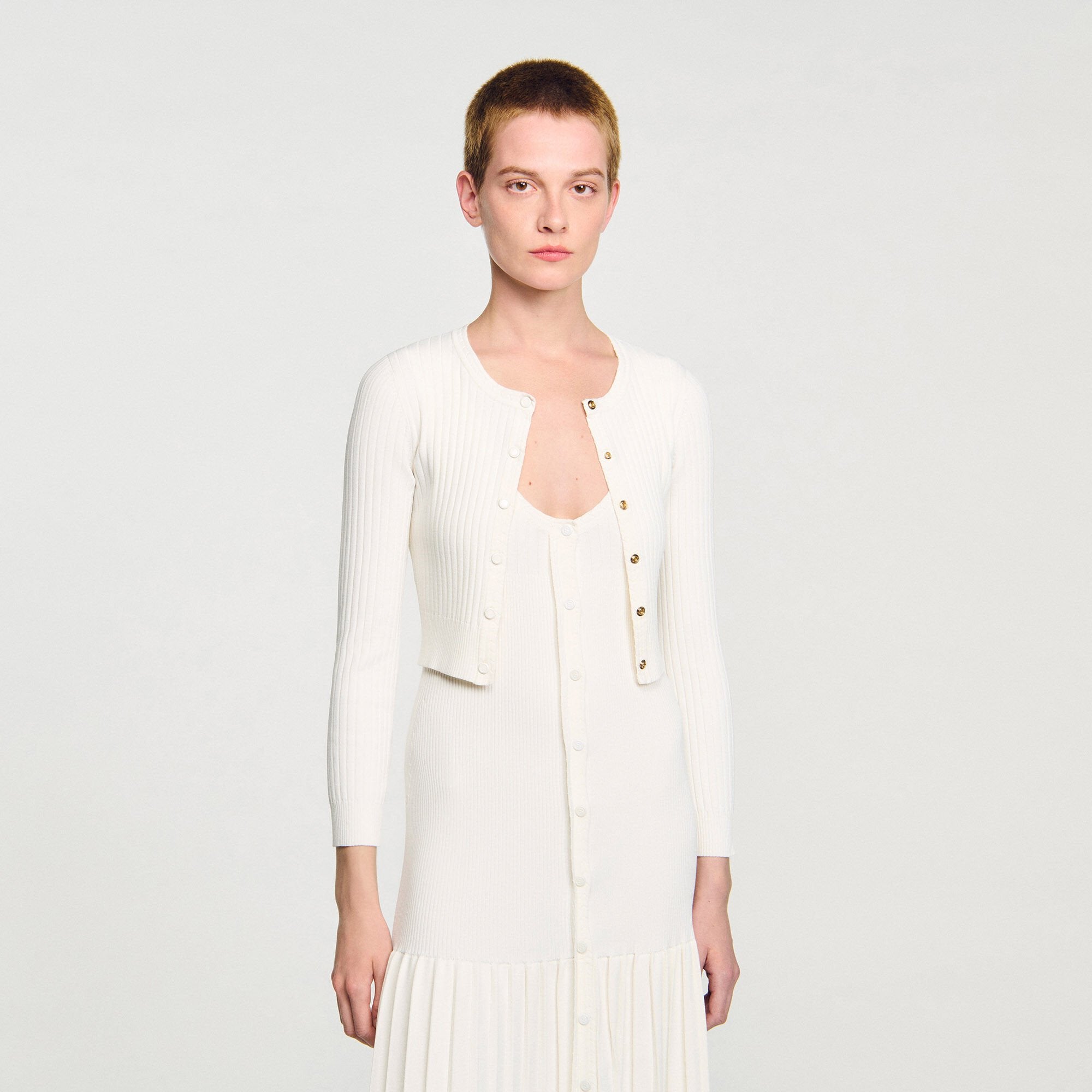 Cropped rib knit cardigan Ecru Sandro Women