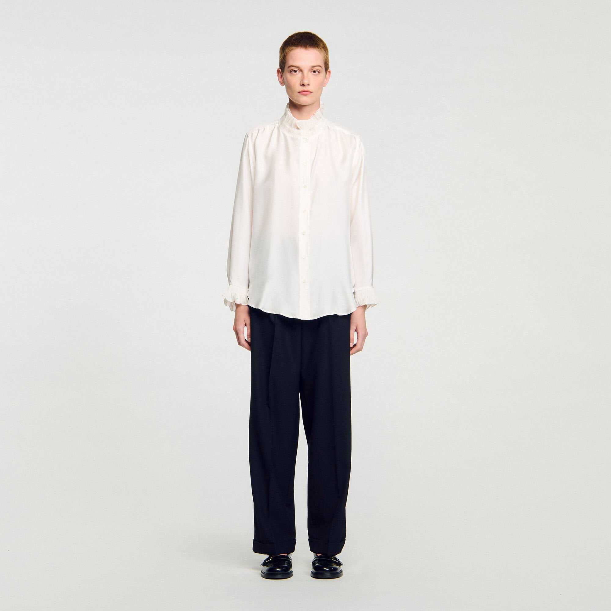 Silk shirt with gathered collar Ecru Sandro Women