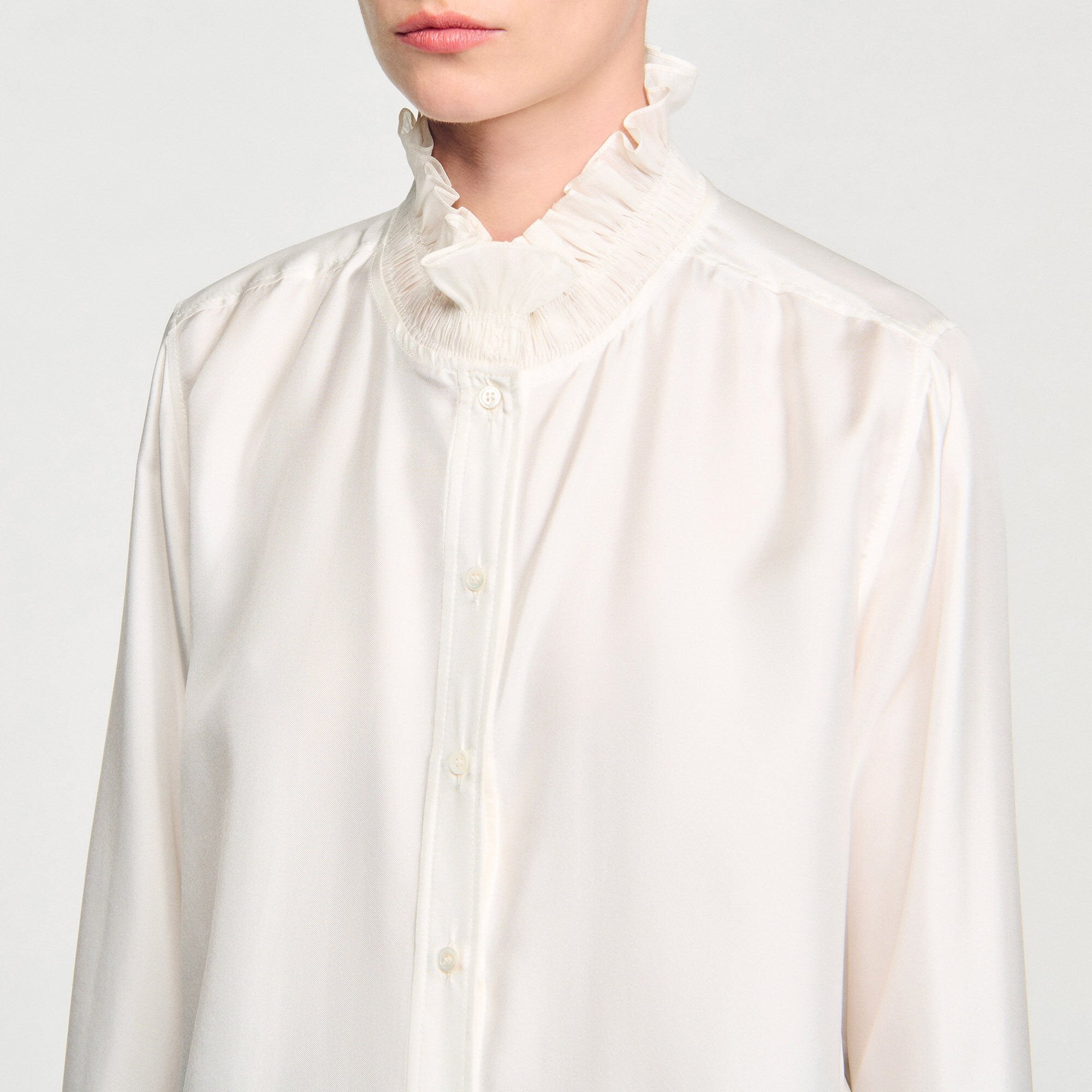 Silk shirt with gathered collar Ecru Sandro Women