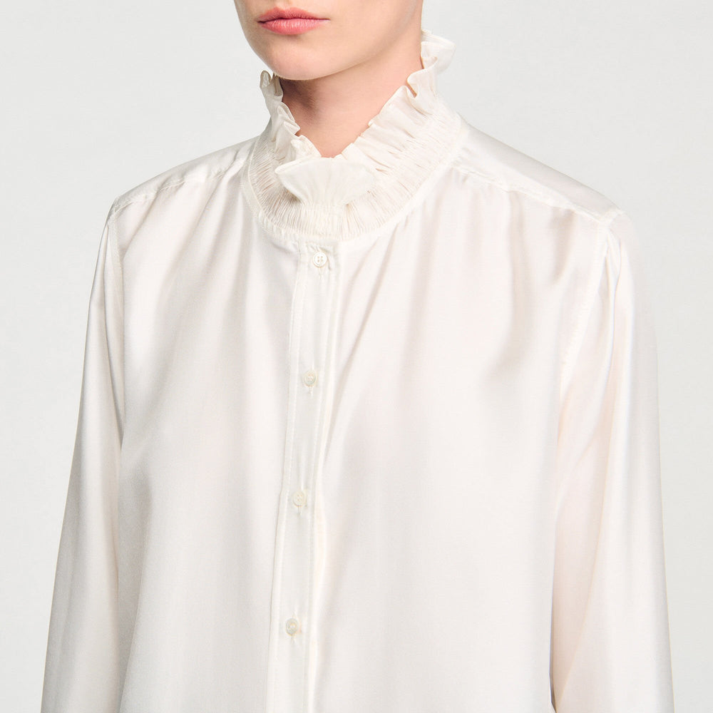 Silk shirt with gathered collar Ecru Sandro Women