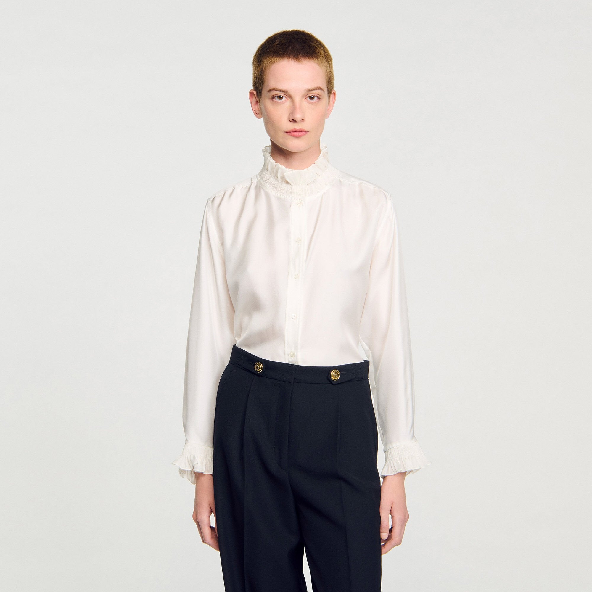 Silk shirt with gathered collar Ecru Sandro Women