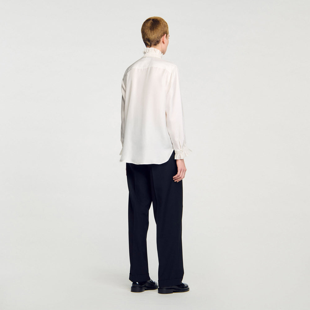 Silk shirt with gathered collar Ecru Sandro Women