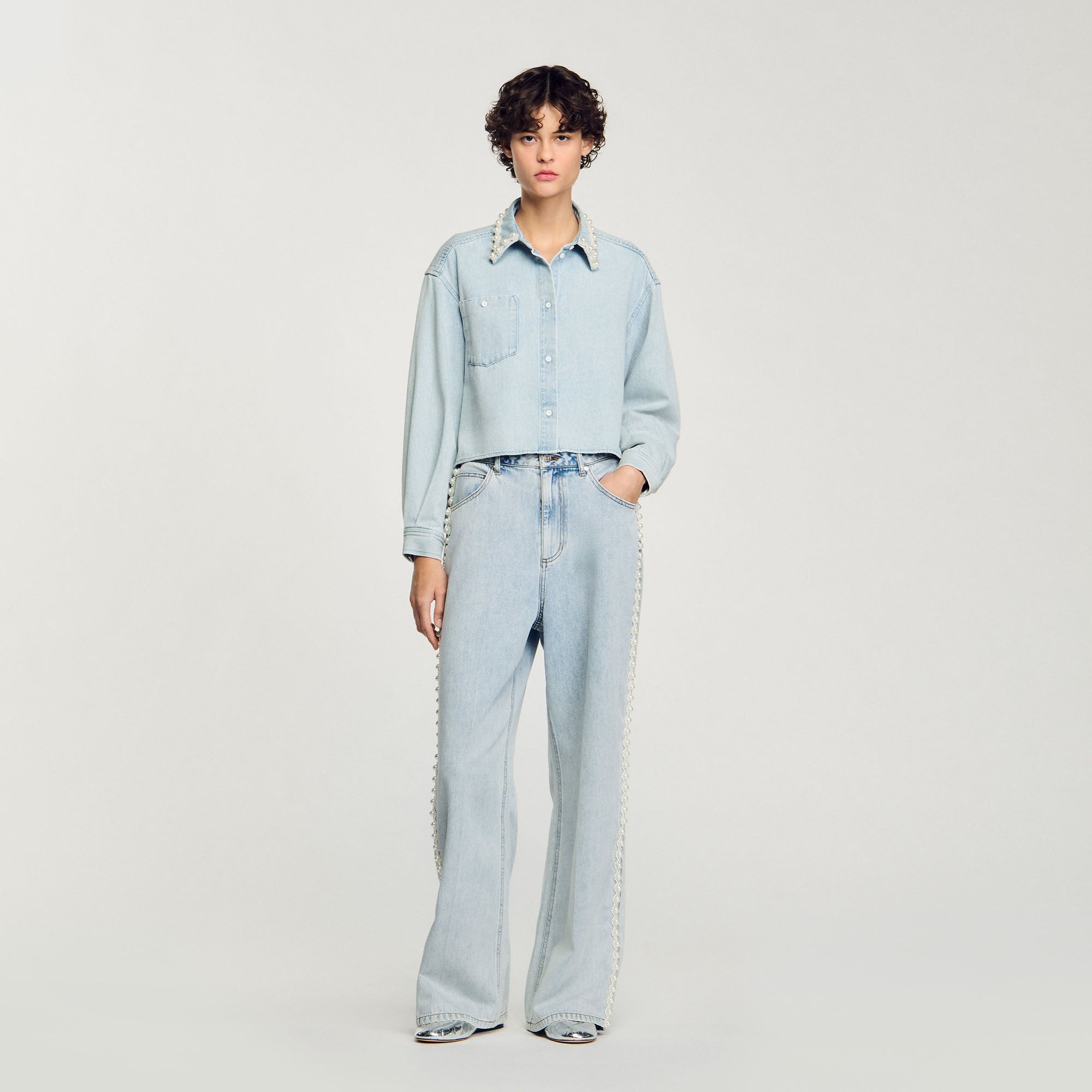 Denim shirt with beaded collar Light Bu Jean Sandro Women