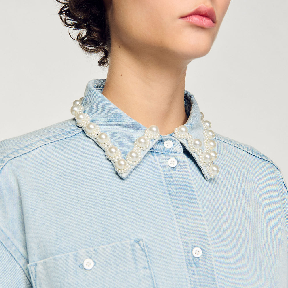 Denim shirt with beaded collar Light Bu Jean Sandro Women
