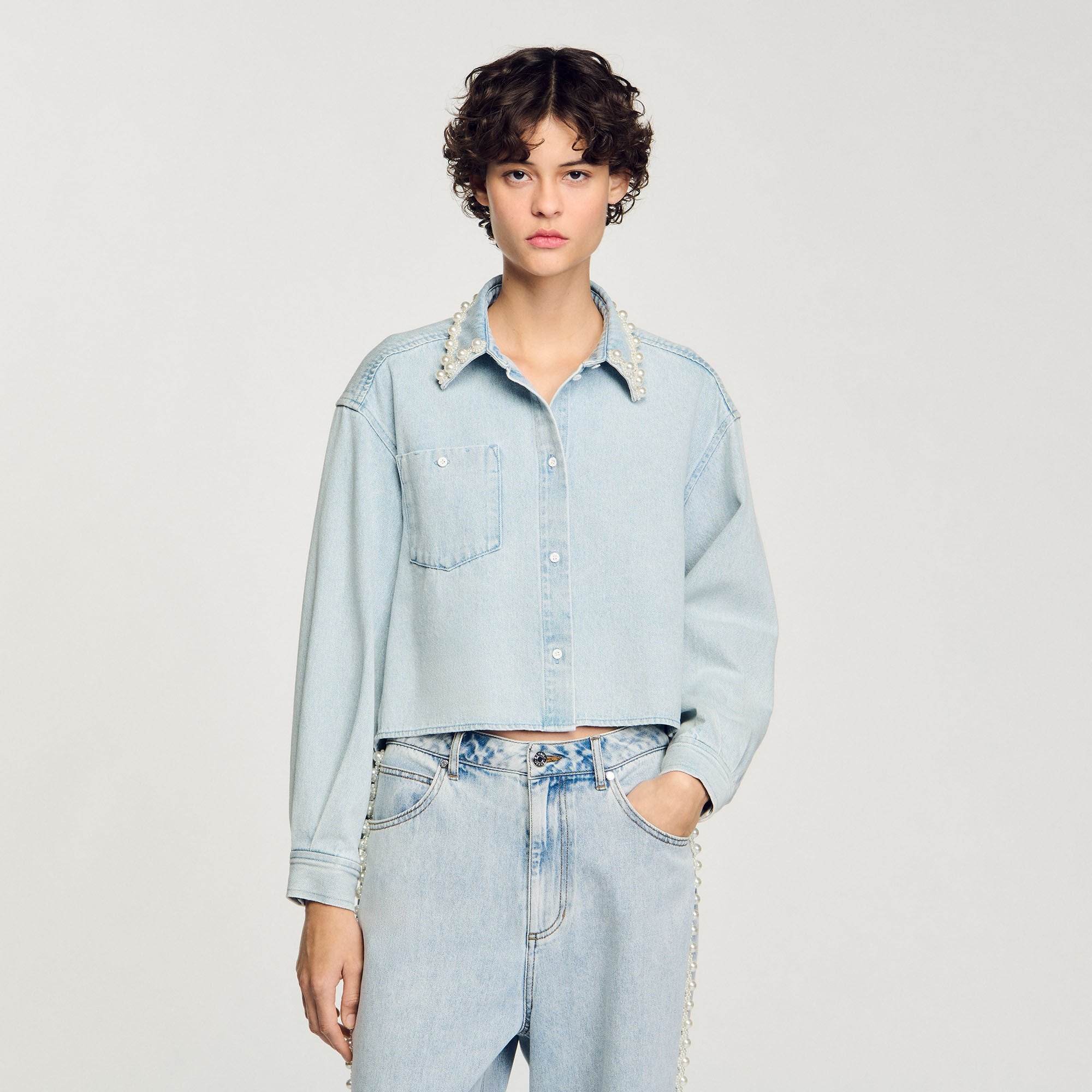 Denim shirt with beaded collar Light Bu Jean Sandro Women