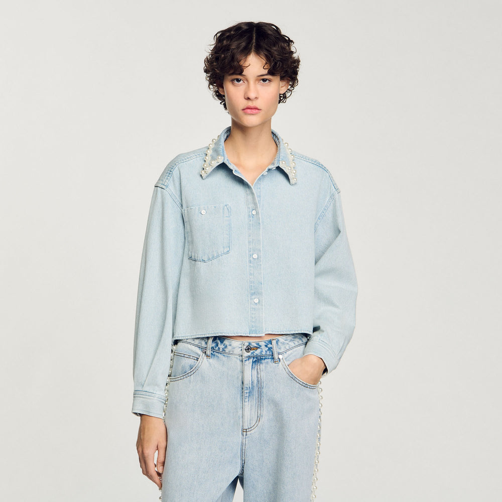 Denim shirt with beaded collar Light Bu Jean Sandro Women