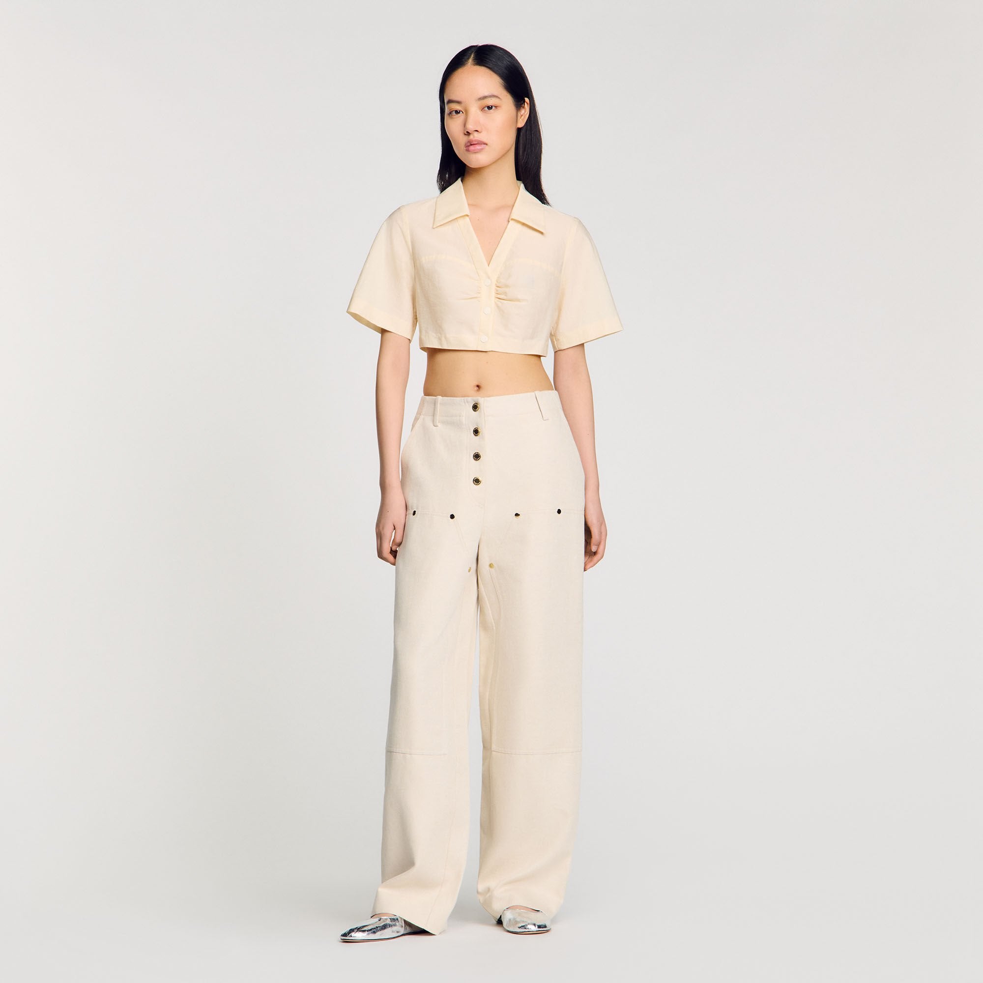 Cropped gathered shirt Ecru Sandro Women