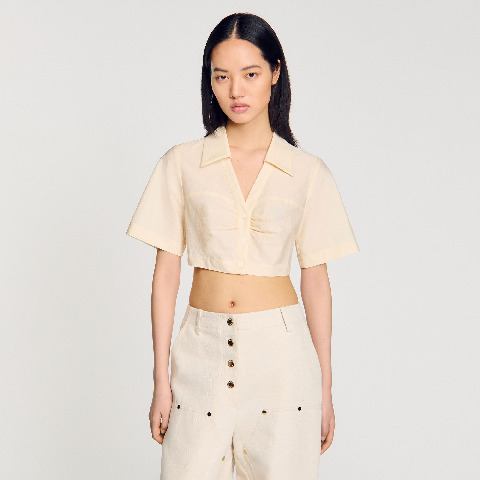 Cropped gathered shirt Ecru Sandro Women