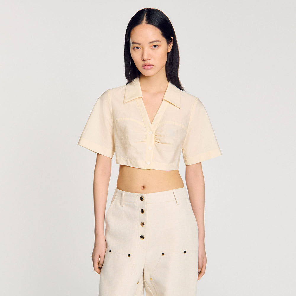 Cropped gathered shirt Ecru Sandro Women
