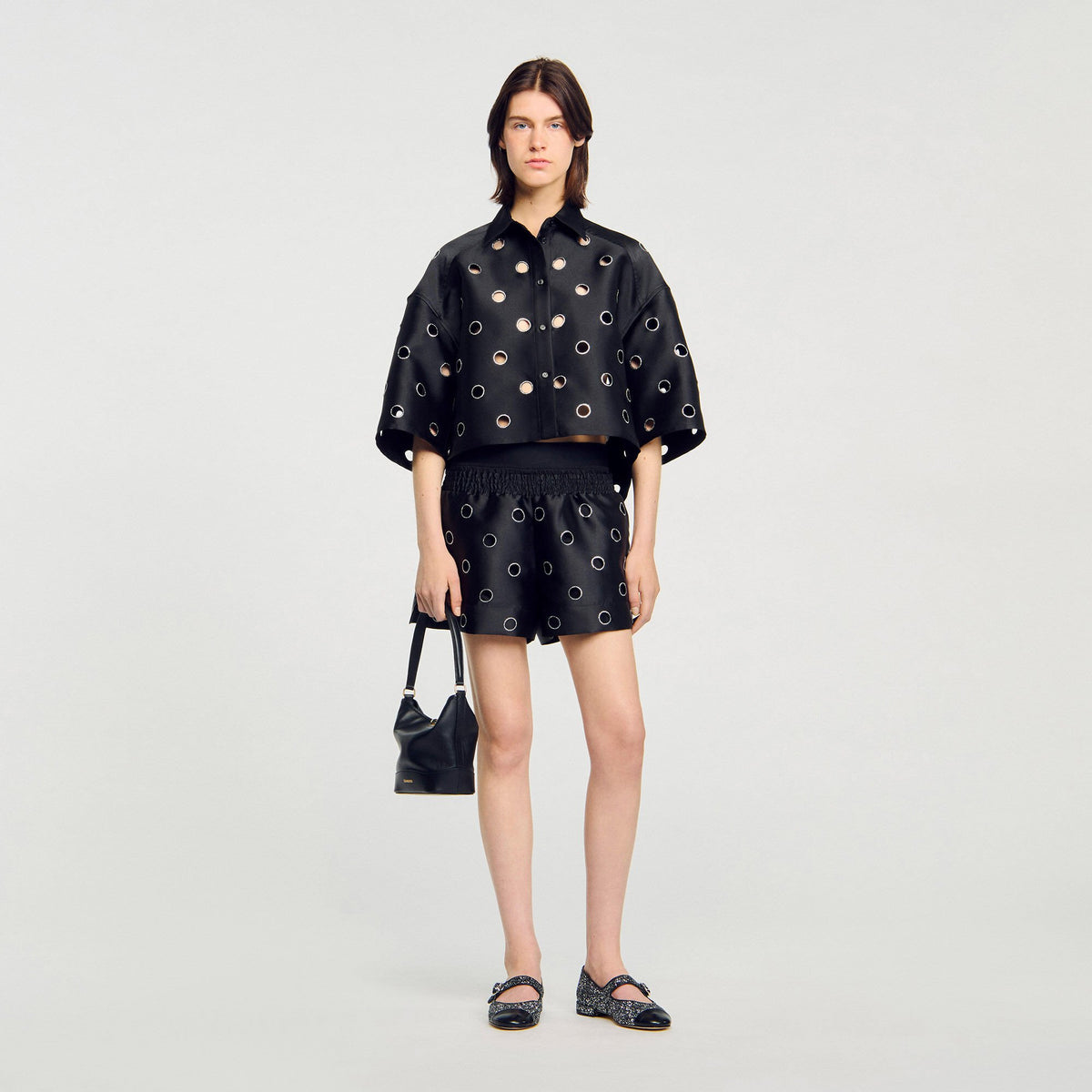 Oversized shirt with rhinestones holes Black Sandro Women