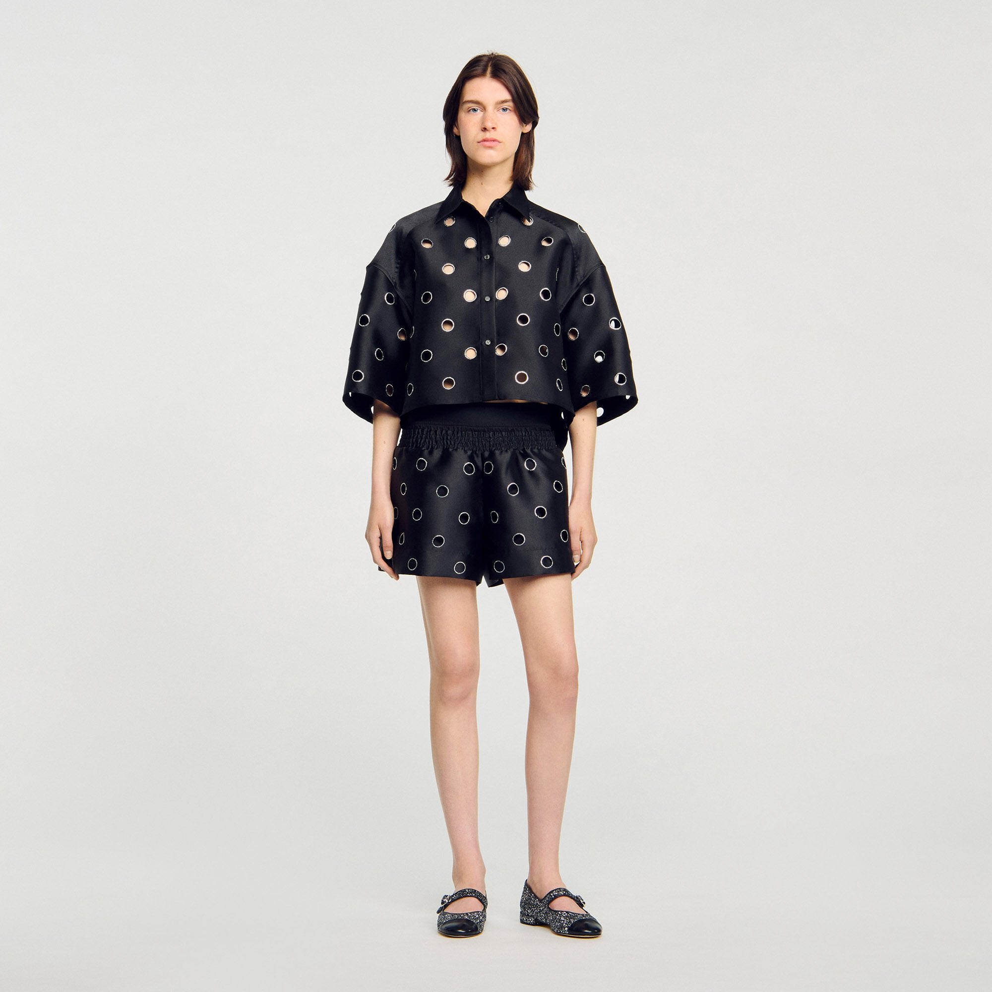 Oversized shirt with rhinestones holes Black Sandro Women