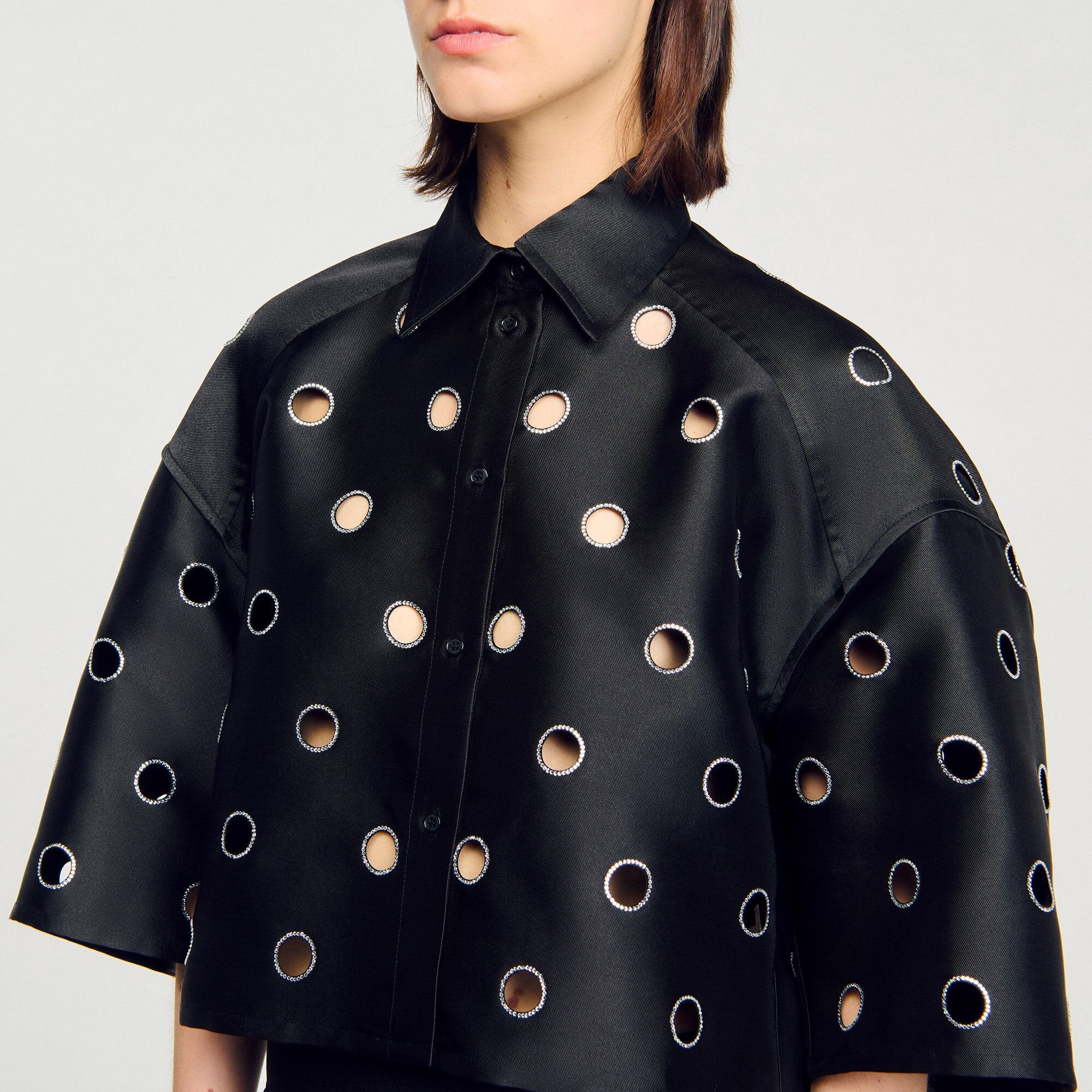 Oversized shirt with rhinestones holes Black Sandro Women