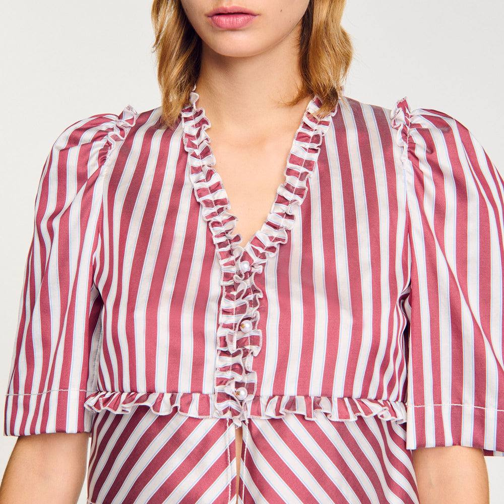 Ruffled striped shirt Burgundy / White Sandro Women