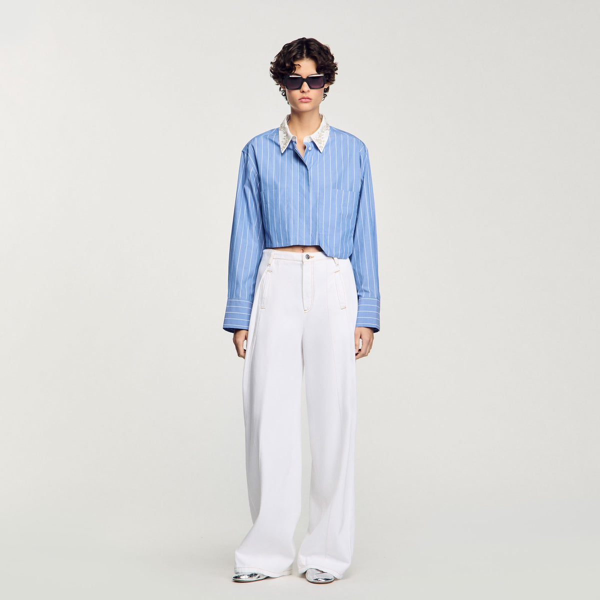 Striped cropped shirt with rhinestone Sky Blue Sandro Women