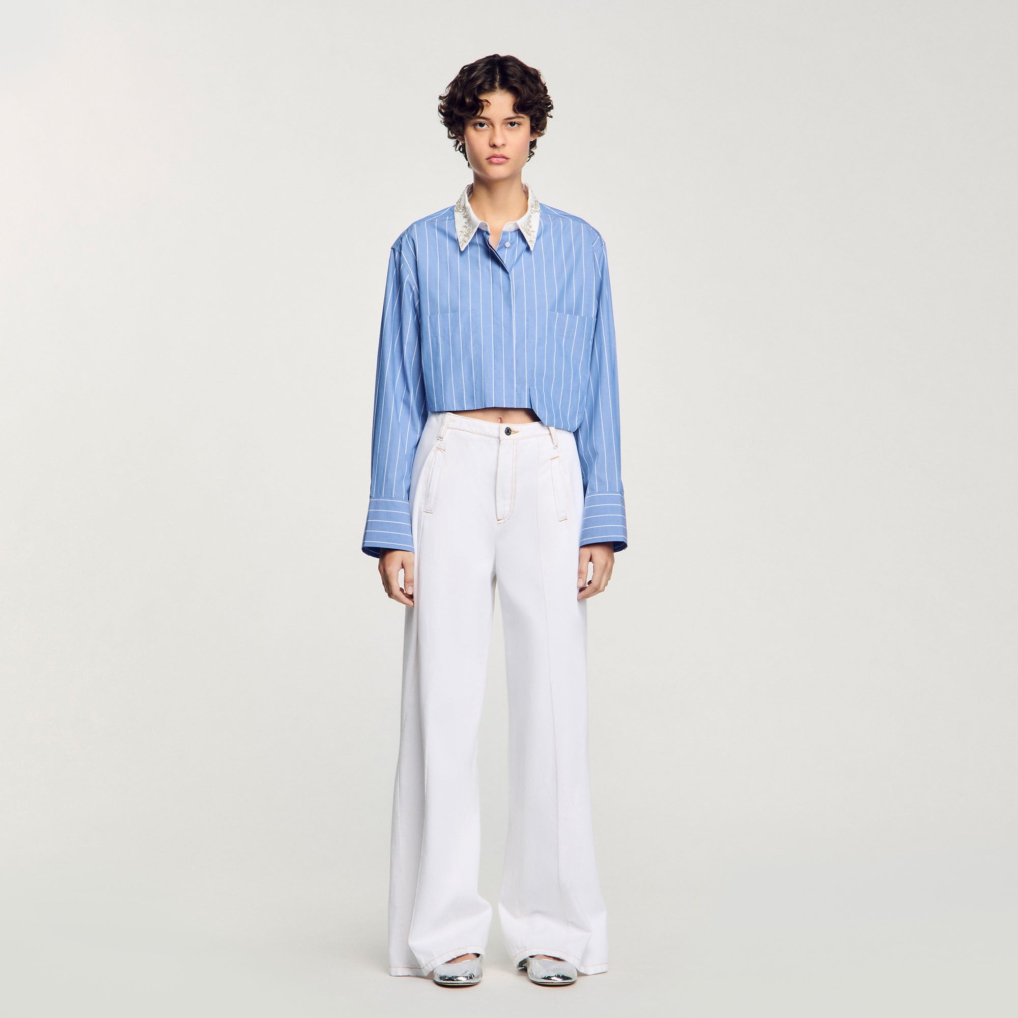 Striped cropped shirt with rhinestone Sky Blue Sandro Women