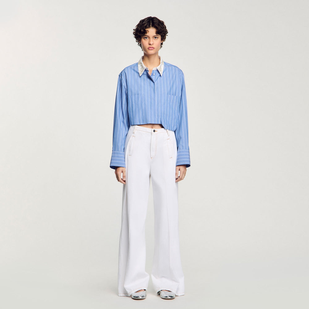 Striped cropped shirt with rhinestone Sky Blue Sandro Women